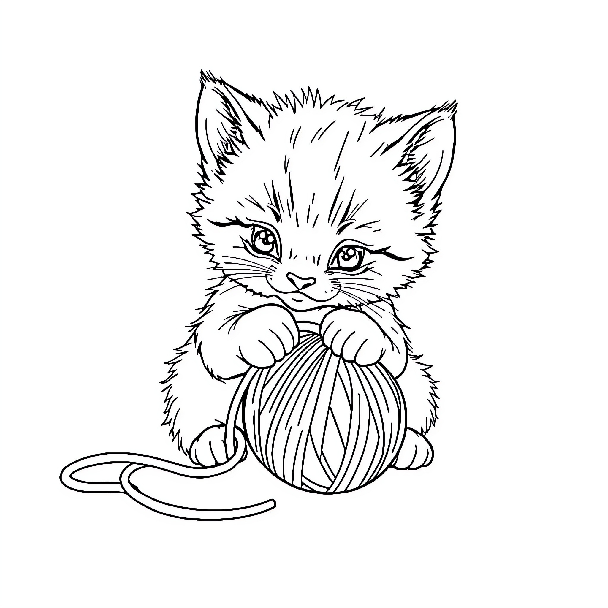 Kitten playing with yarn ball Coloring Page (free black-and-white line drawing printable PDF for all, from beginners to advanced learners, including children, teens, adults, and seniors)