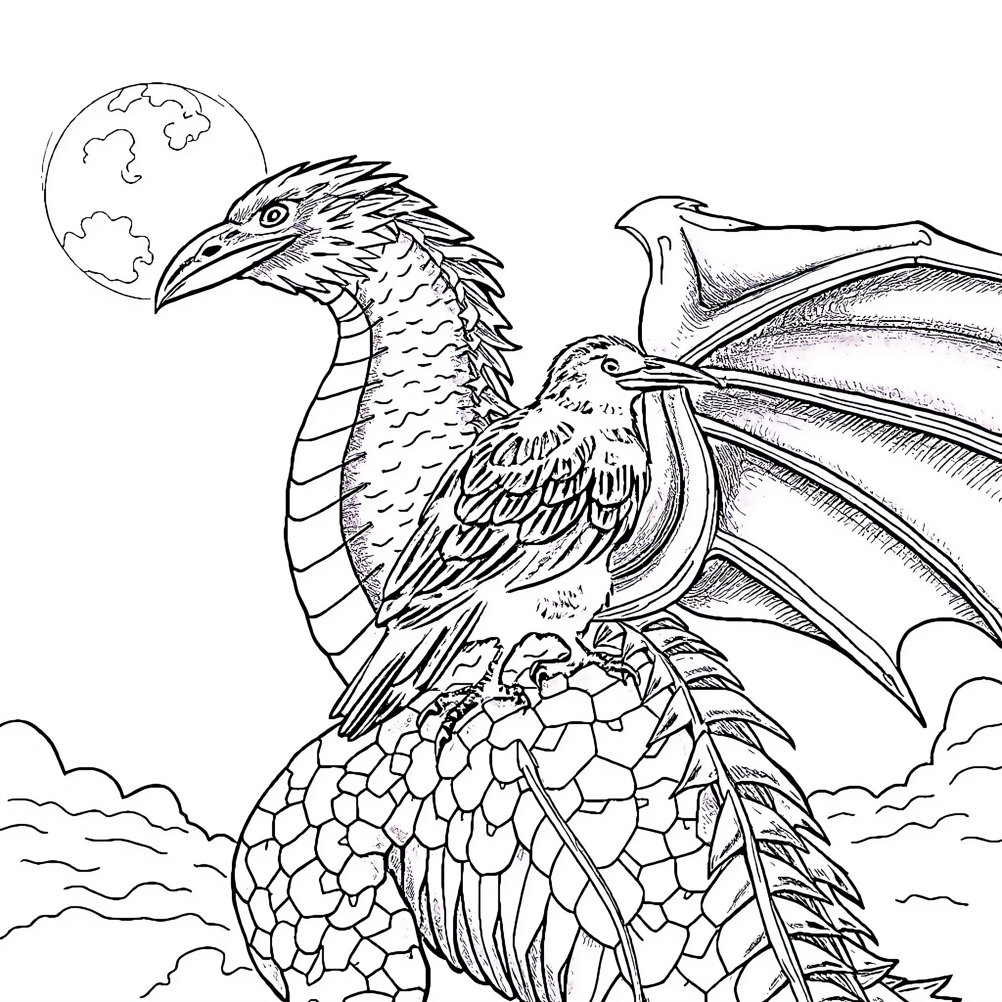 Raven and Dragon in Fantastical Encounter Coloring Page (free black-and-white line drawing printable PDF for all, from beginners to advanced learners, including children, teens, adults, and seniors)