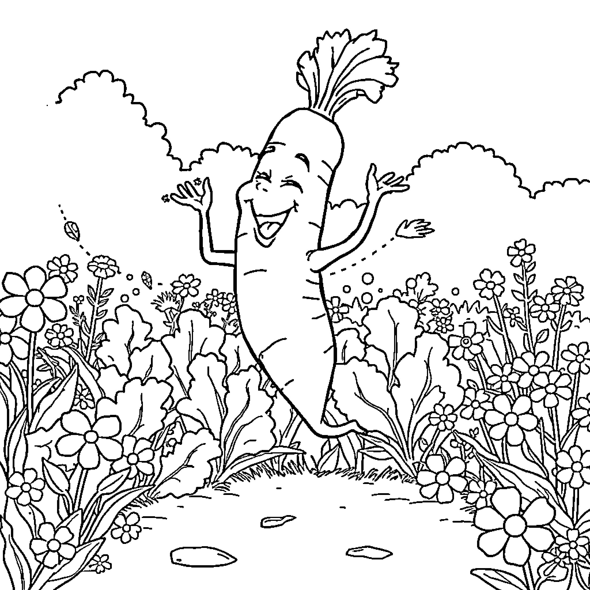 Carrot dancing happily among flowers Coloring Page (free black-and-white line drawing printable PDF for all, from beginners to advanced learners, including children, teens, adults, and seniors)