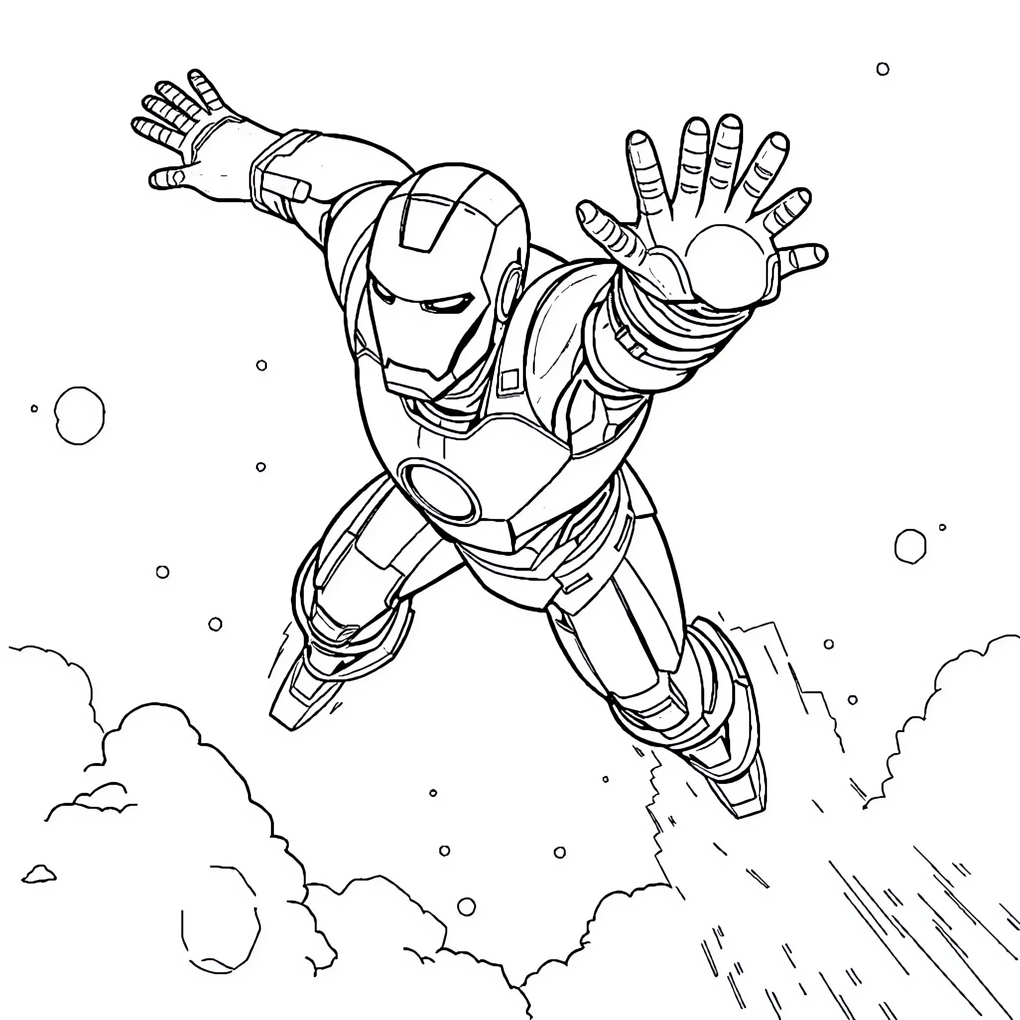 Iron Man soaring through the sky in action-packed pose Coloring Page (free black-and-white line drawing printable PDF for all, from beginners to advanced learners, including children, teens, adults, and seniors)