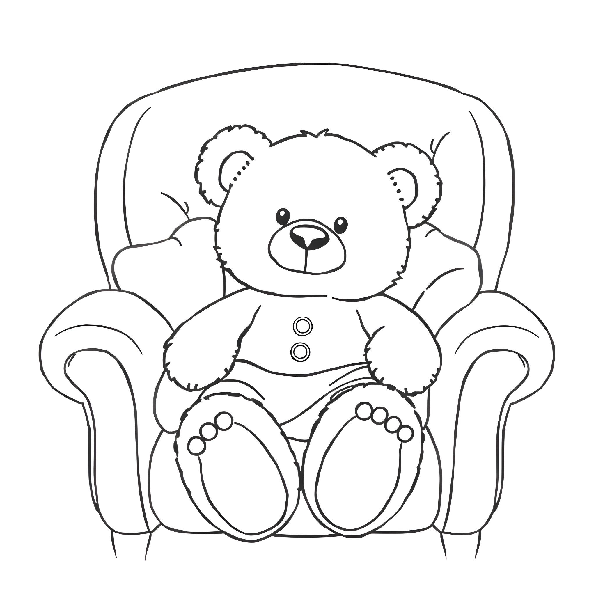 Teddy Bear sitting comfortably in an armchair Coloring Page (free black-and-white line drawing printable PDF for all, from beginners to advanced learners, including children, teens, adults, and seniors)