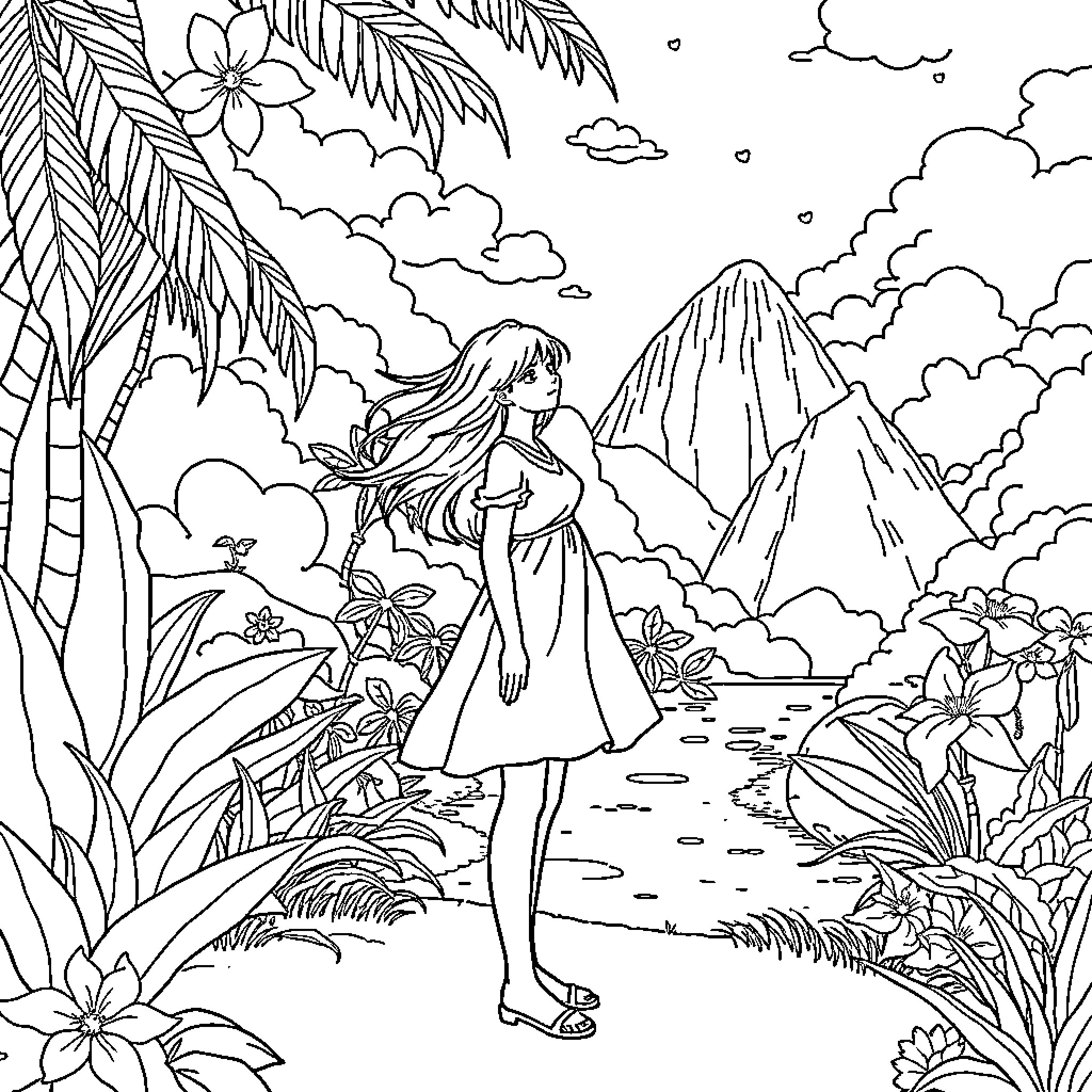 Girl exploring a tropical forest landscape Coloring Page (free black-and-white line drawing printable PDF for all, from beginners to advanced learners, including children, teens, adults, and seniors)