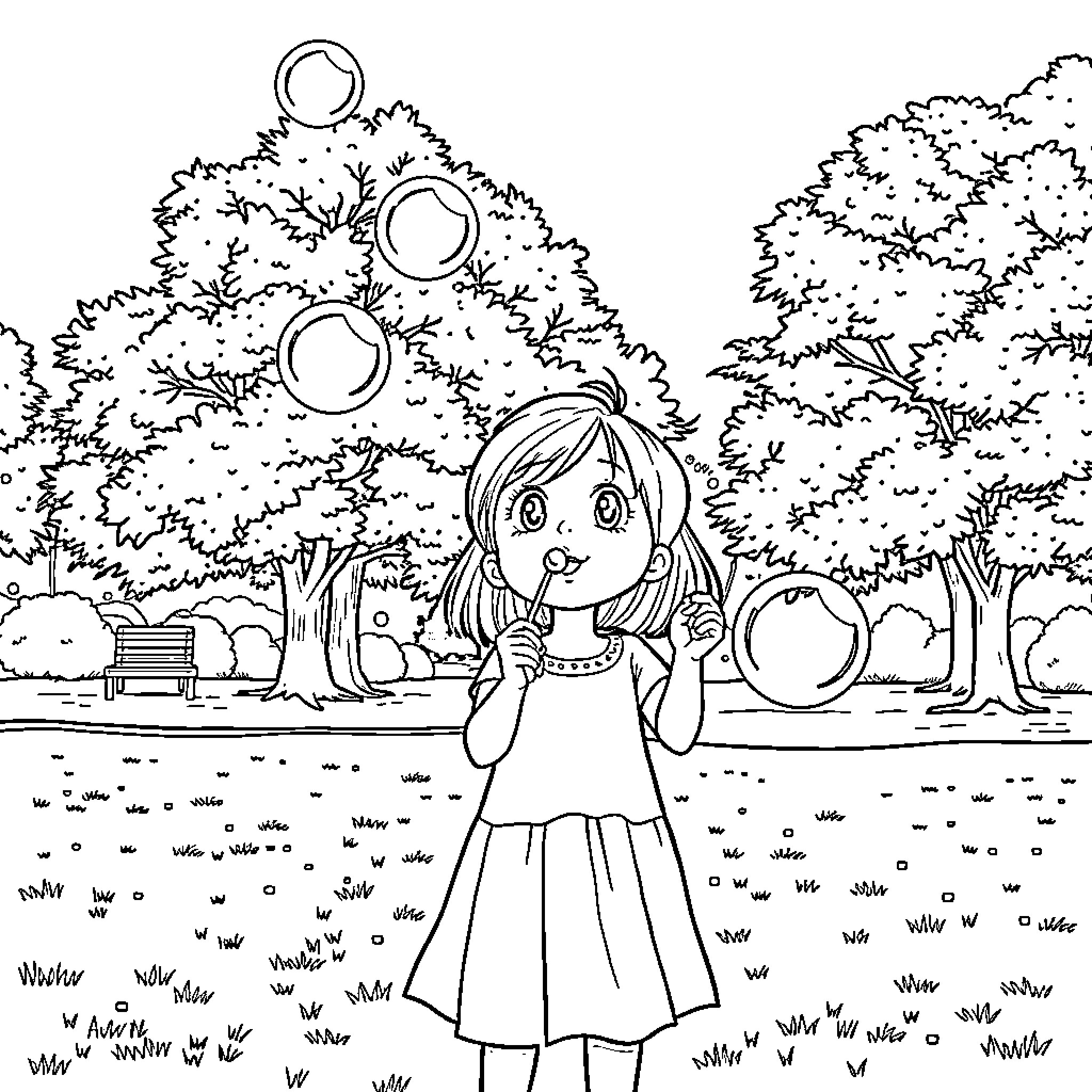 Girl amazed by magical bubbles in nature Coloring Page (free black-and-white line drawing printable PDF for all, from beginners to advanced learners, including children, teens, adults, and seniors)