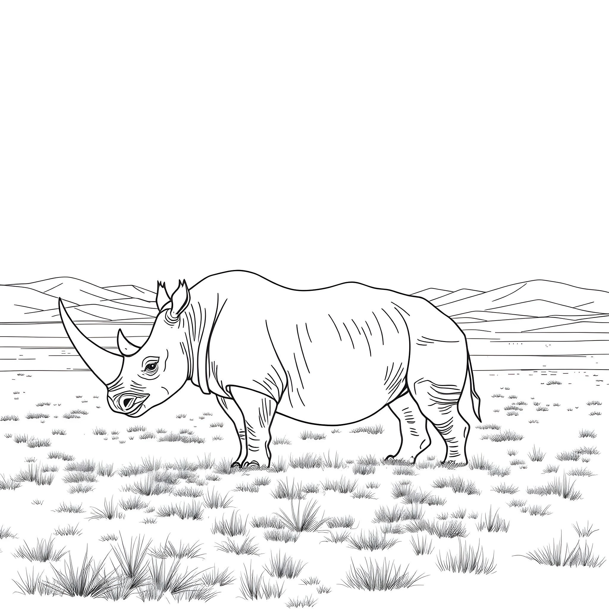 Rhinoceros grazing in the savanna Coloring Page (free black-and-white line drawing printable PDF for all, from beginners to advanced learners, including children, teens, adults, and seniors)