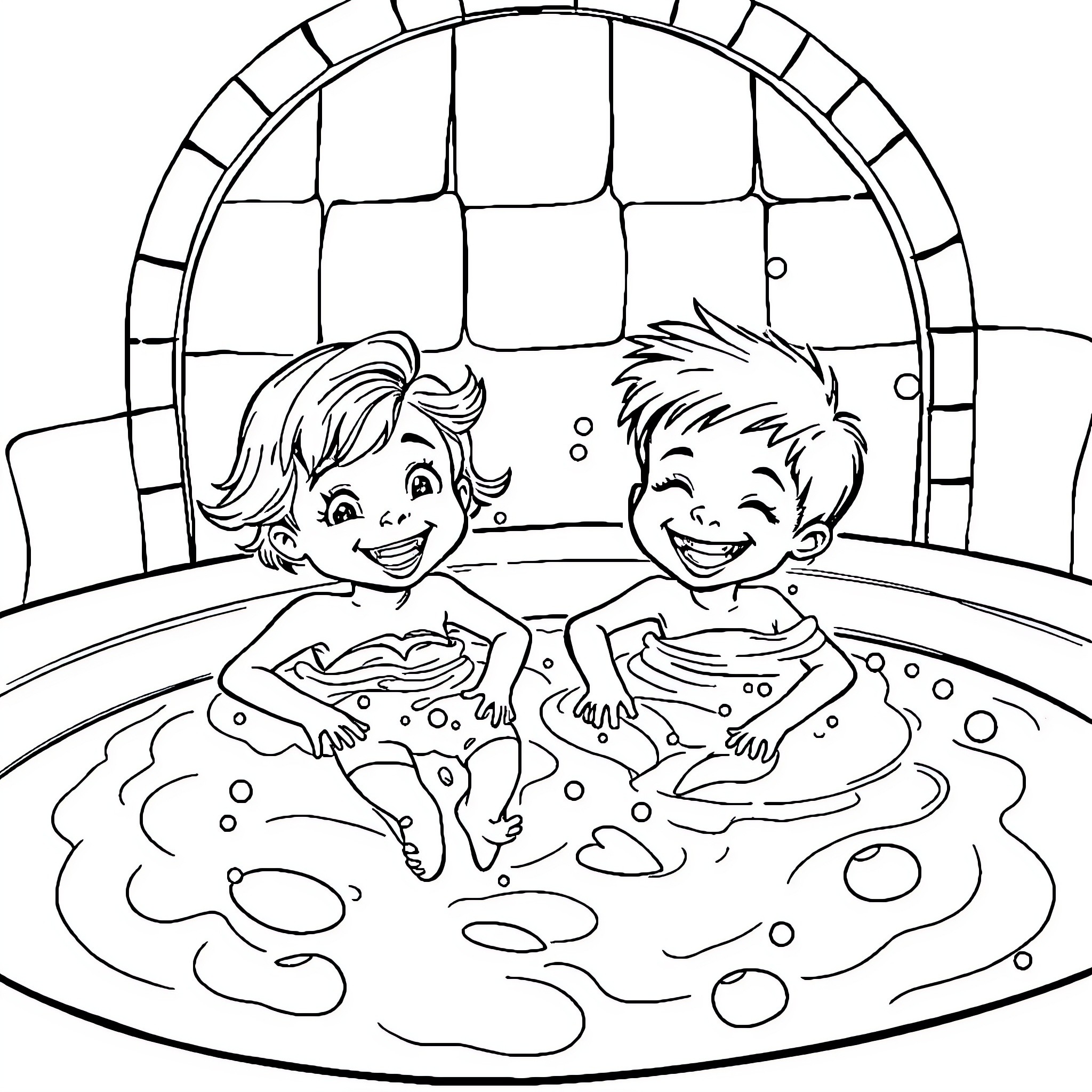 Enfant playing and relaxing in the hot tub Coloring Page (free black-and-white line drawing printable PDF for all, from beginners to advanced learners, including children, teens, adults, and seniors)