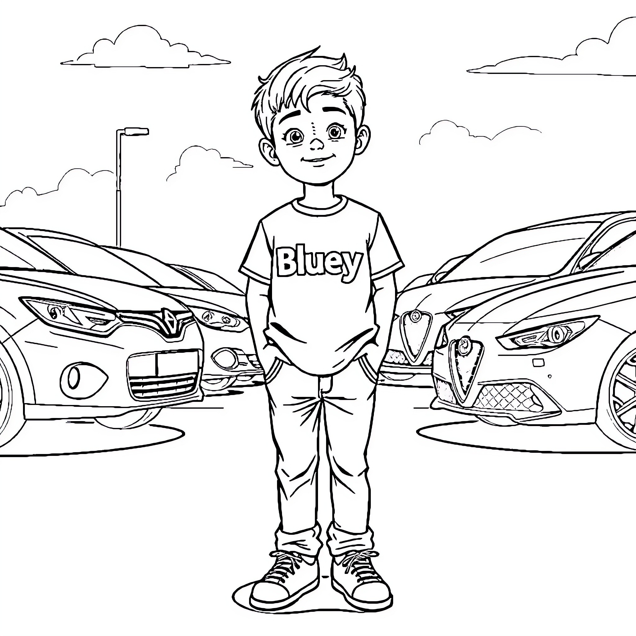 Car-loving boy in casual outfit among parked cars Coloring Page (free black-and-white line drawing printable PDF for all, from beginners to advanced learners, including children, teens, adults, and seniors)