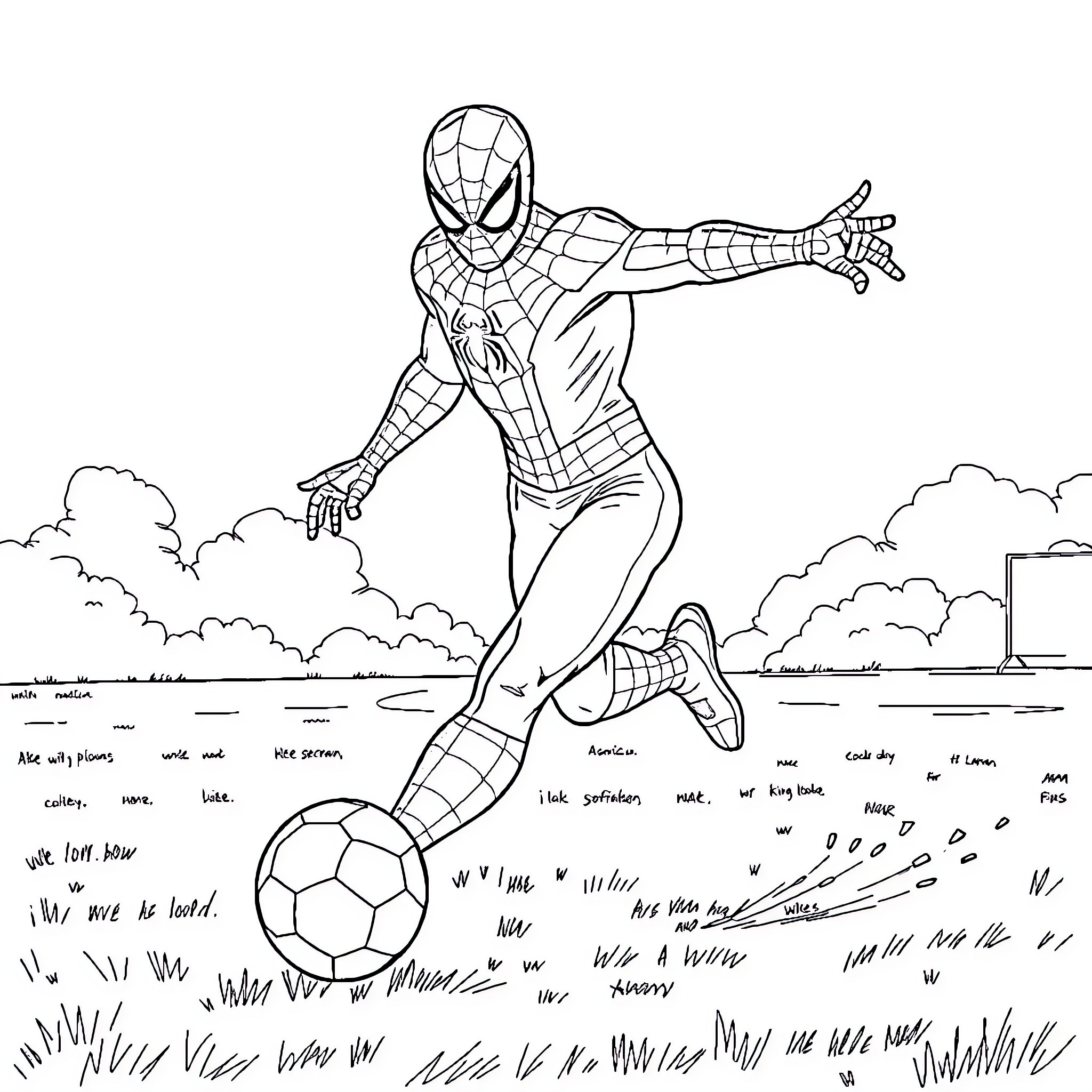 Spiderman playing football in the park Coloring Page (free black-and-white line drawing printable PDF for all, from beginners to advanced learners, including children, teens, adults, and seniors)