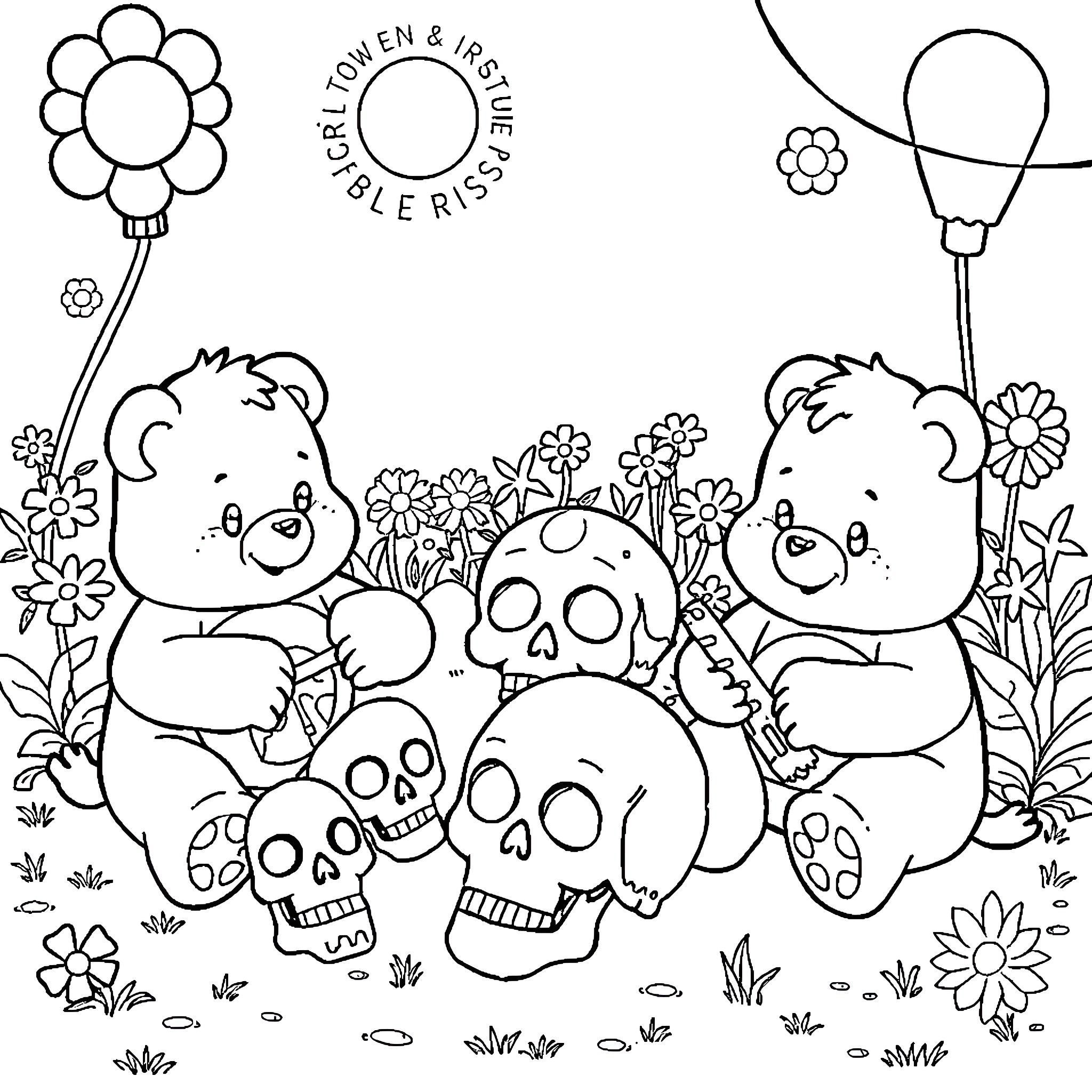 Care Bear Friends Surrounded by Flowers Coloring Page (free black-and-white line drawing printable PDF for all, from beginners to advanced learners, including children, teens, adults, and seniors)