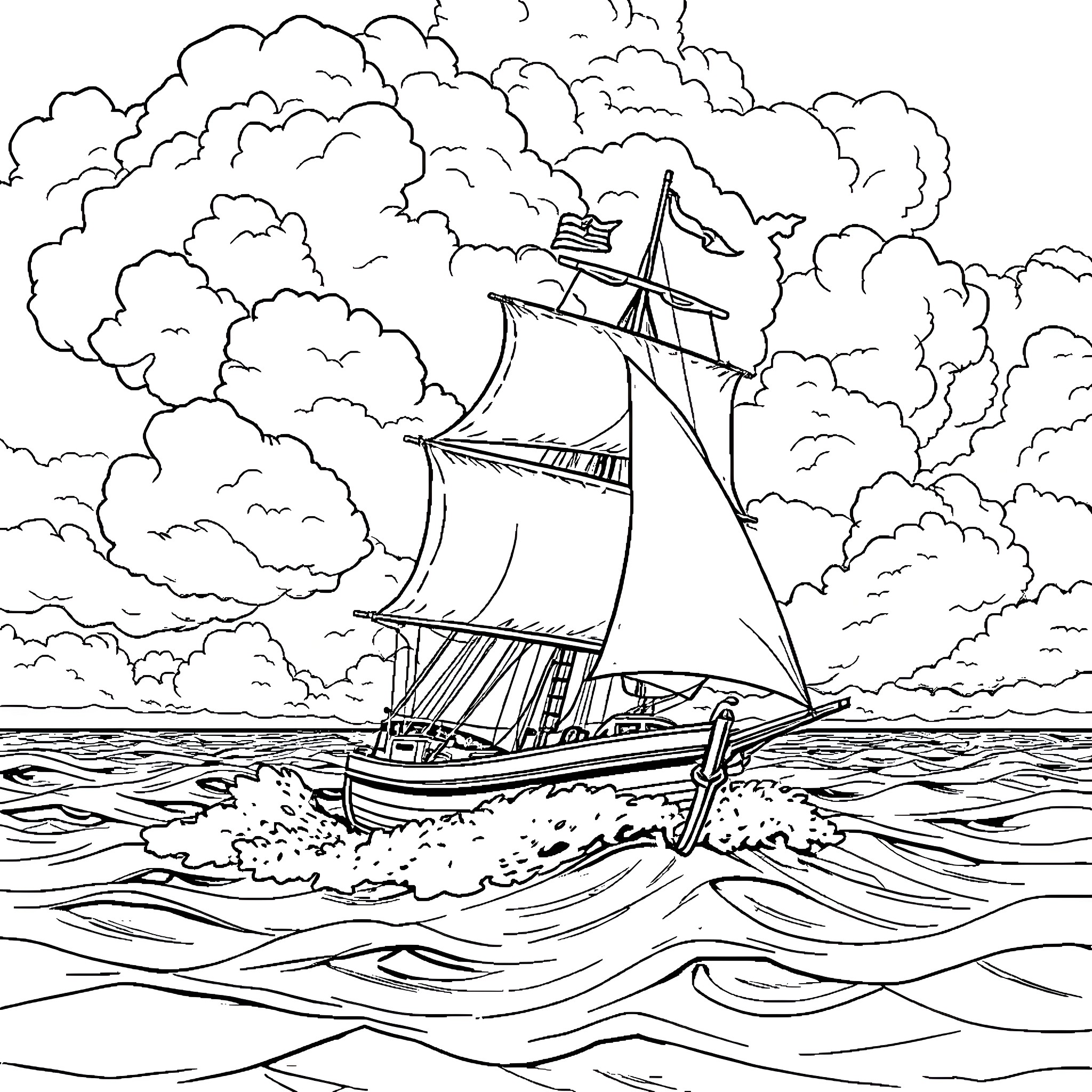 Man-O-War sailing through stormy seas Coloring Page (free black-and-white line drawing printable PDF for all, from beginners to advanced learners, including children, teens, adults, and seniors)