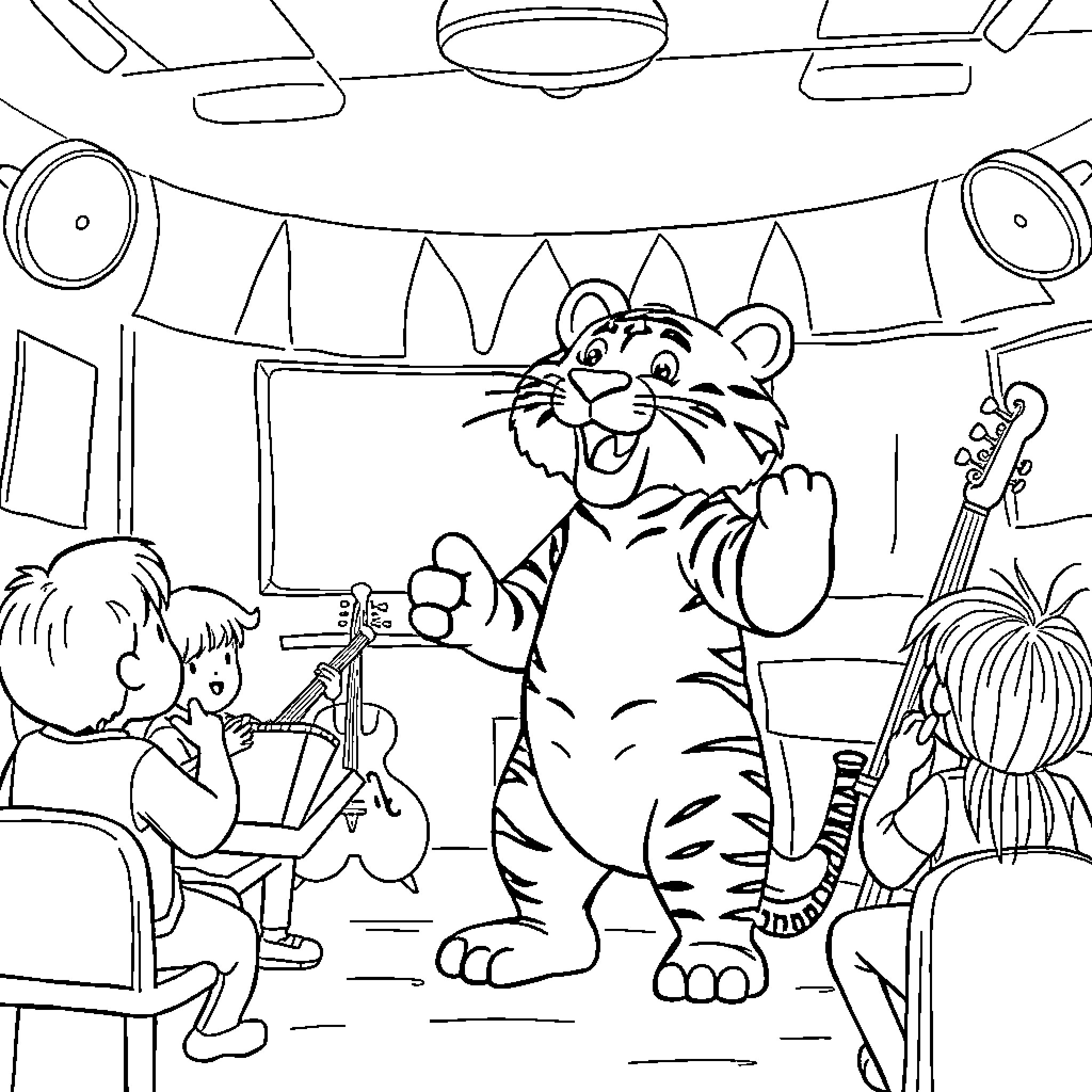 Tiger Entertaining Children at Classroom Party Coloring Page (free black-and-white line drawing printable PDF for all, from beginners to advanced learners, including children, teens, adults, and seniors)