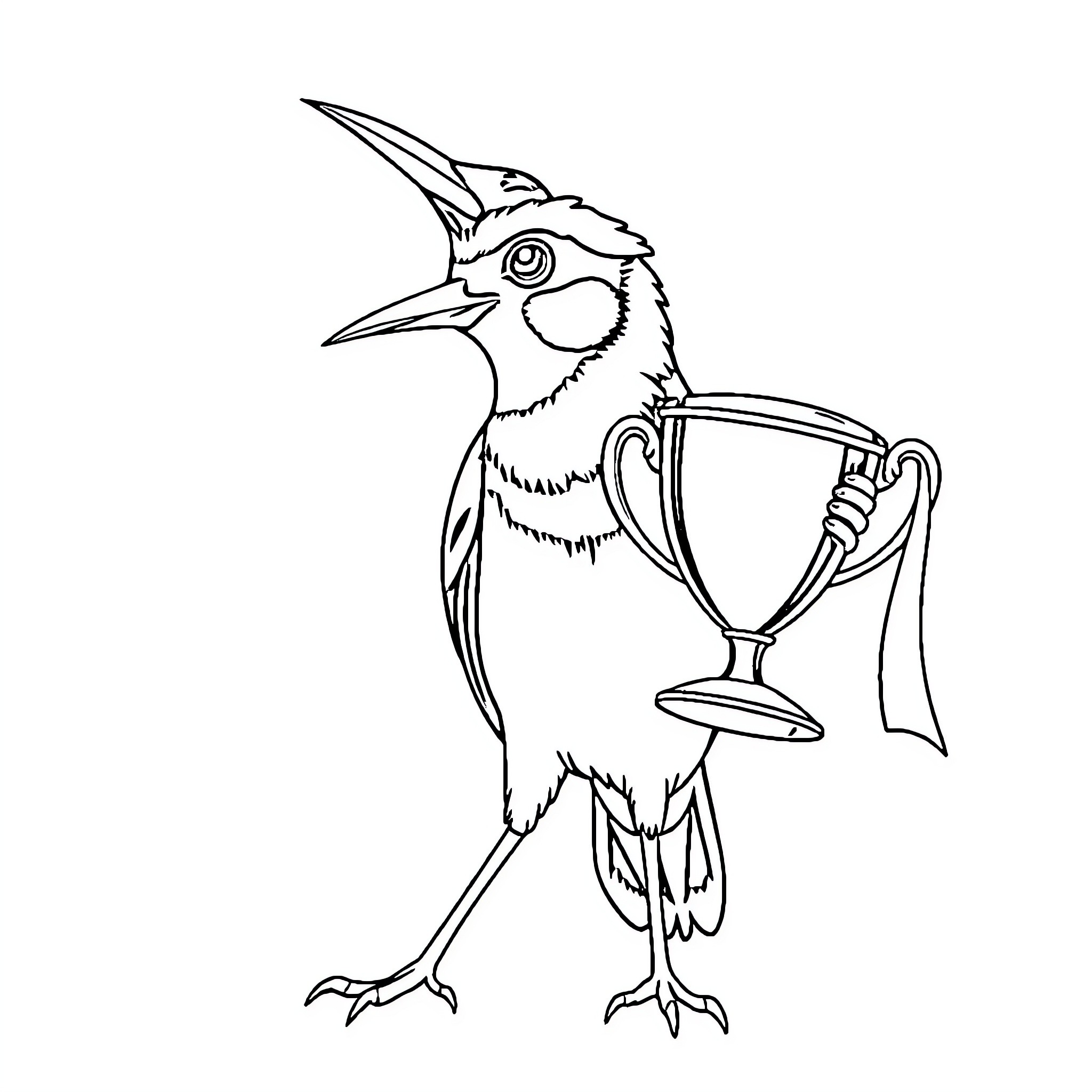 Magpie Proudly Holding a Trophy Coloring Page (free black-and-white line drawing printable PDF for all, from beginners to advanced learners, including children, teens, adults, and seniors)