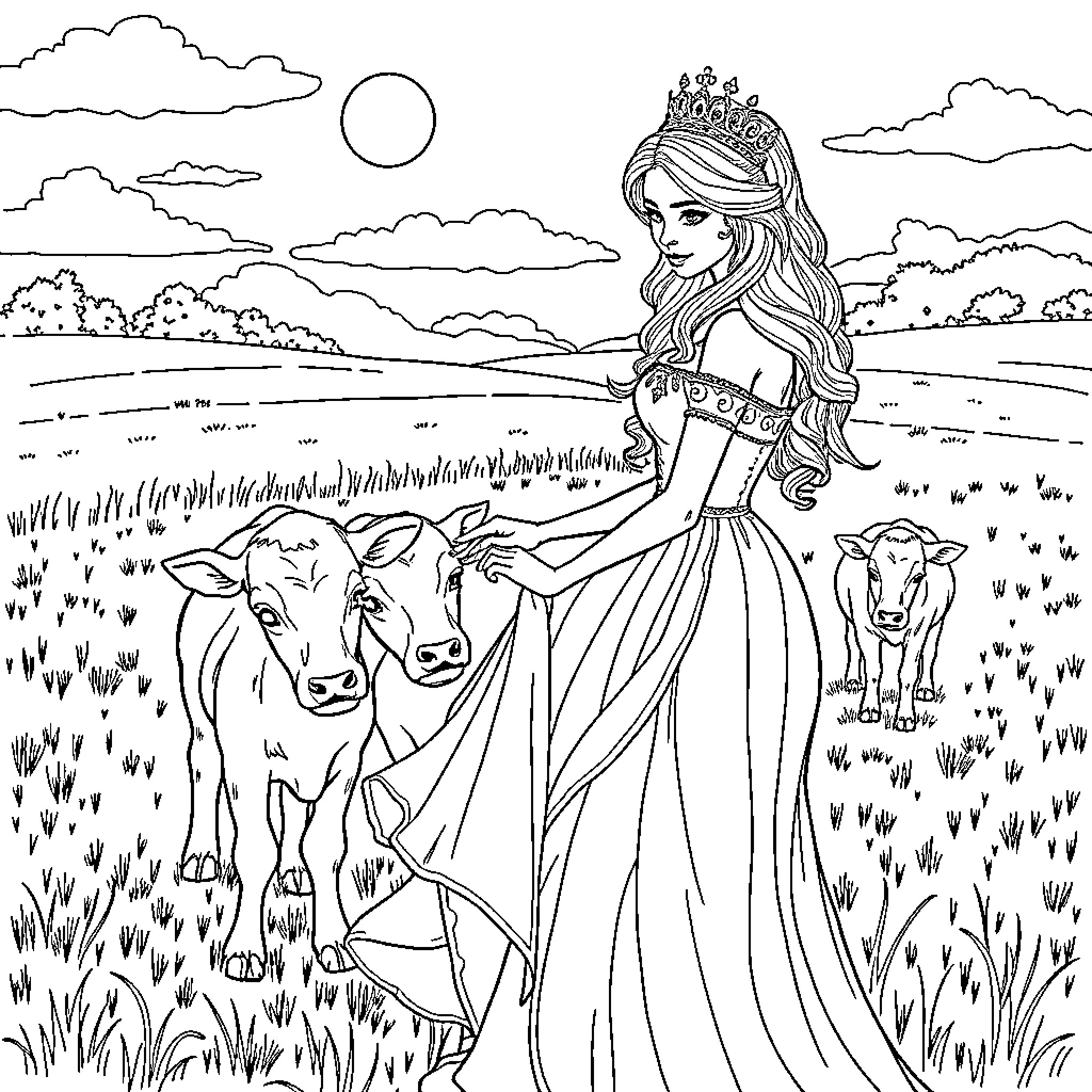 Woman in regal attire surrounded by animals in a pastoral scene Coloring Page (free black-and-white line drawing printable PDF for all, from beginners to advanced learners, including children, teens, adults, and seniors)