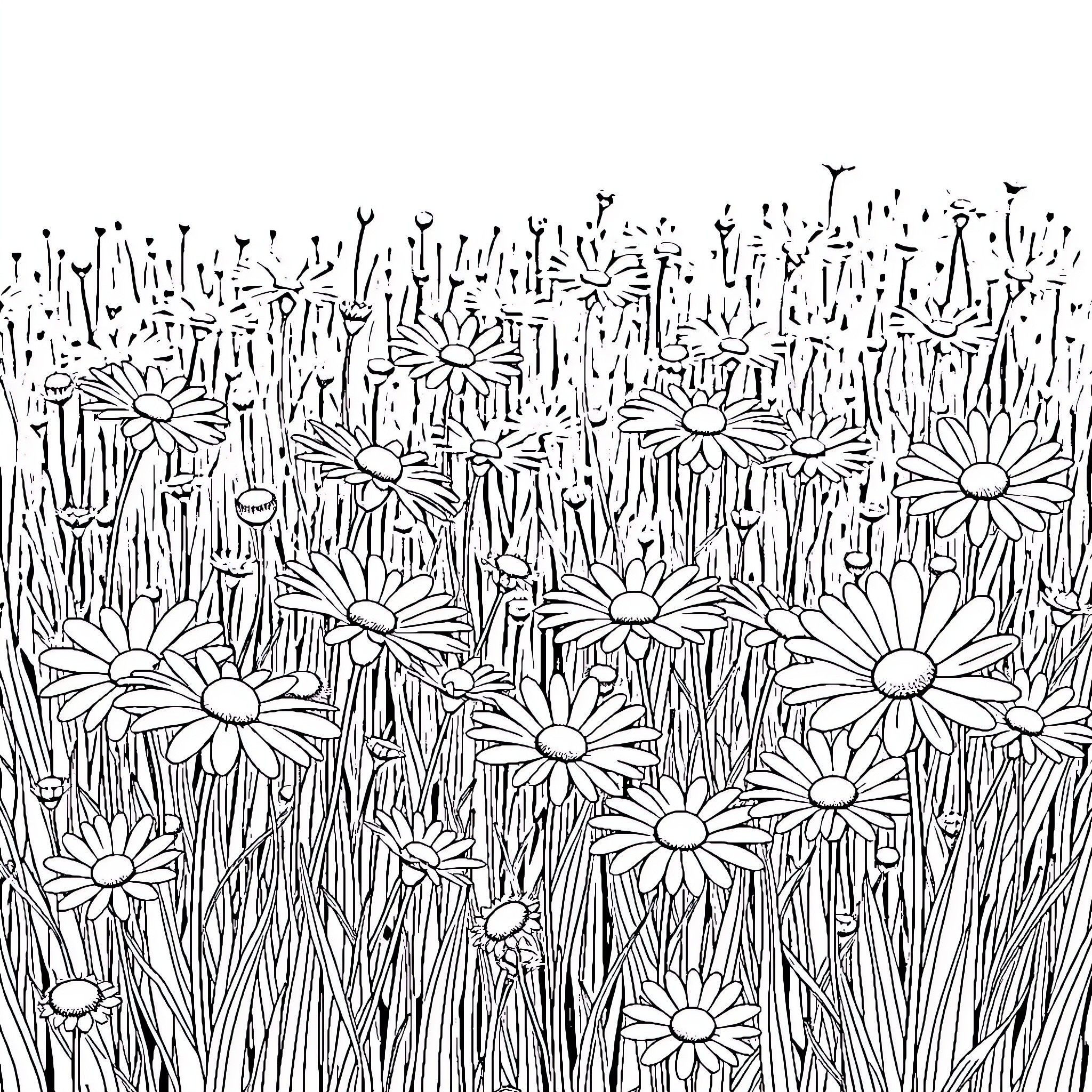 Daisy Field in Monochrome Coloring Page (free black-and-white line drawing printable PDF for all, from beginners to advanced learners, including children, teens, adults, and seniors)