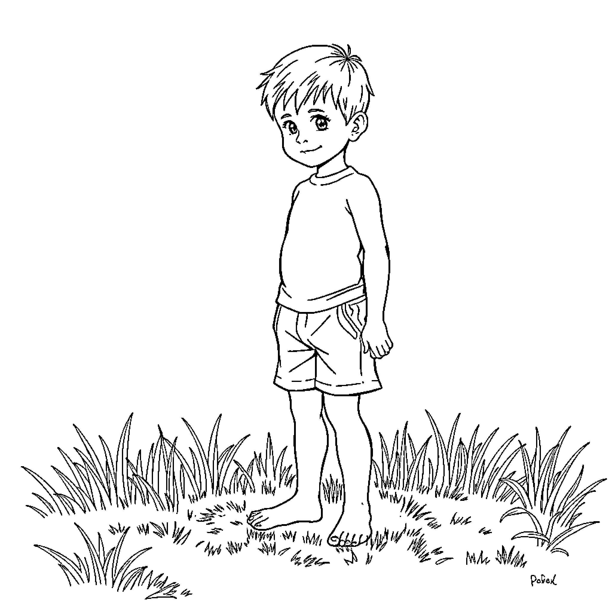Boy playing happily in the grass Coloring Page (free black-and-white line drawing printable PDF for all, from beginners to advanced learners, including children, teens, adults, and seniors)