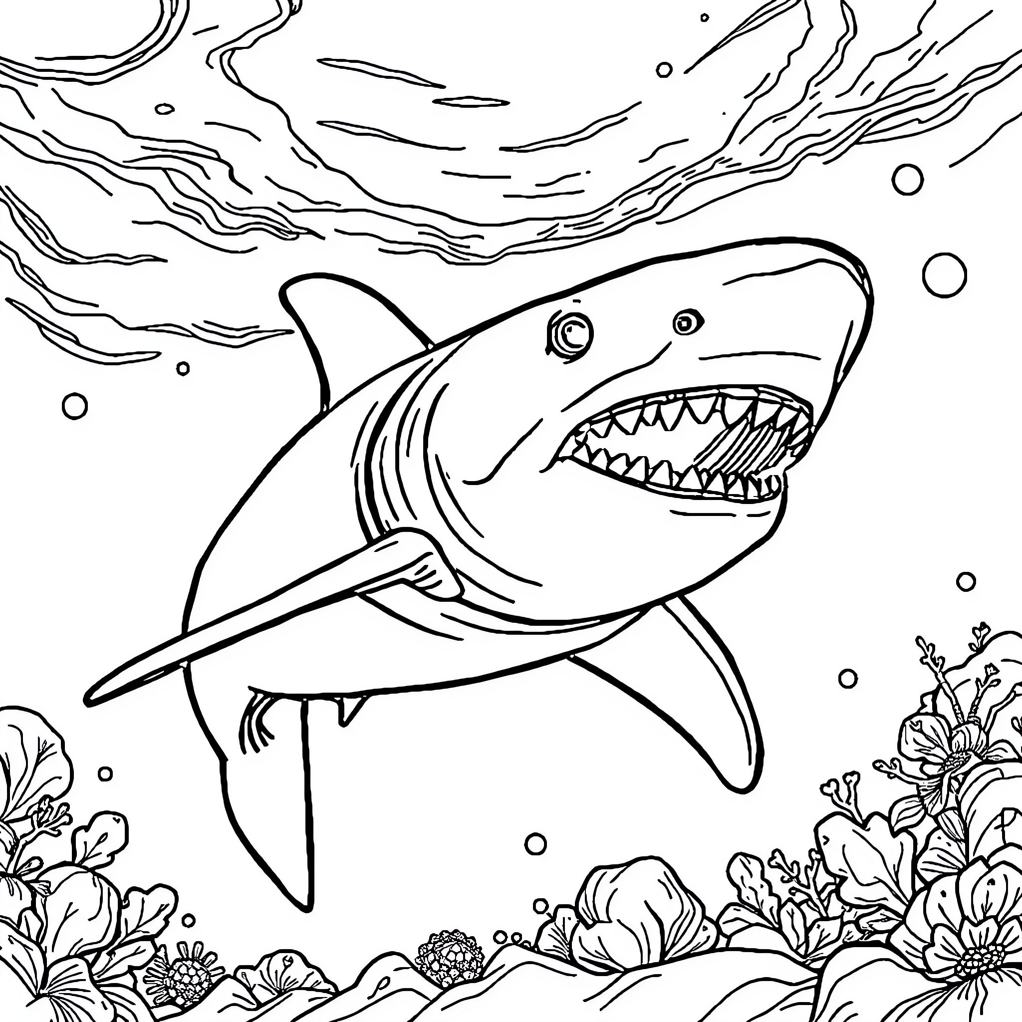 Monster shark swimming aggressively in the deep sea Coloring Page (free black-and-white line drawing printable PDF for all, from beginners to advanced learners, including children, teens, adults, and seniors)