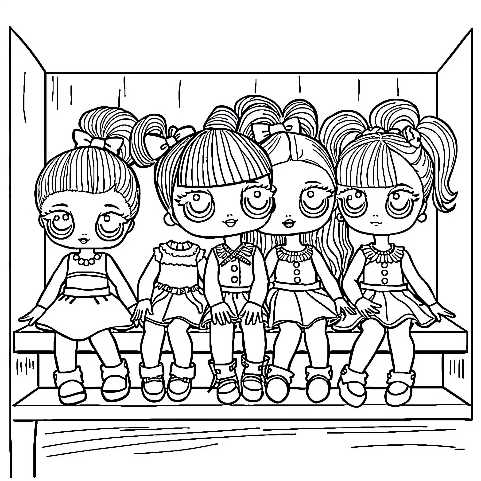 Doll Friends Posing Happily Together Coloring Page (free black-and-white line drawing printable PDF for all, from beginners to advanced learners, including children, teens, adults, and seniors)