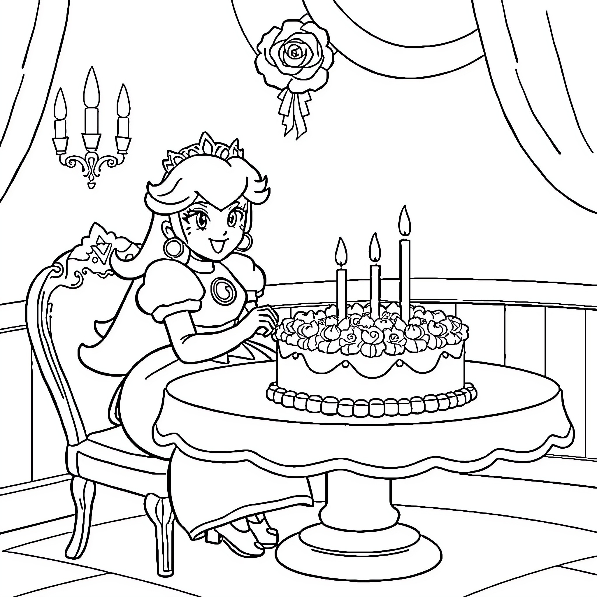 Princess Peach Celebrates Birthday with Cake and Candles Coloring Page (free black-and-white line drawing printable PDF for all, from beginners to advanced learners, including children, teens, adults, and seniors)