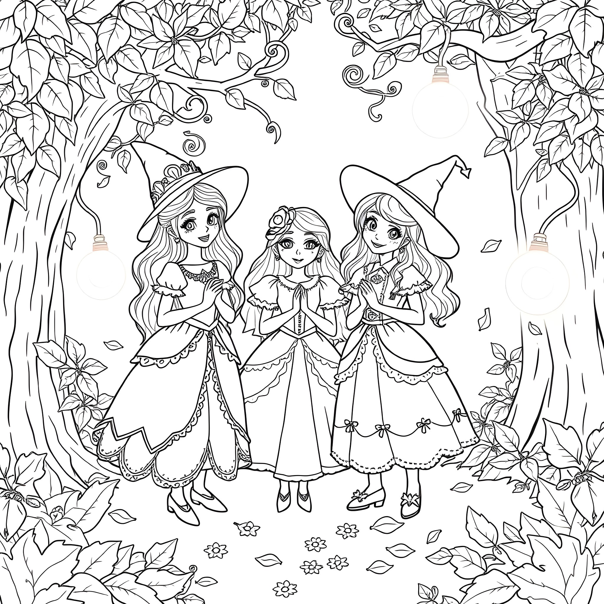 Sanderson Sisters in Magical Forest Coloring Page (free black-and-white line drawing printable PDF for all, from beginners to advanced learners, including children, teens, adults, and seniors)