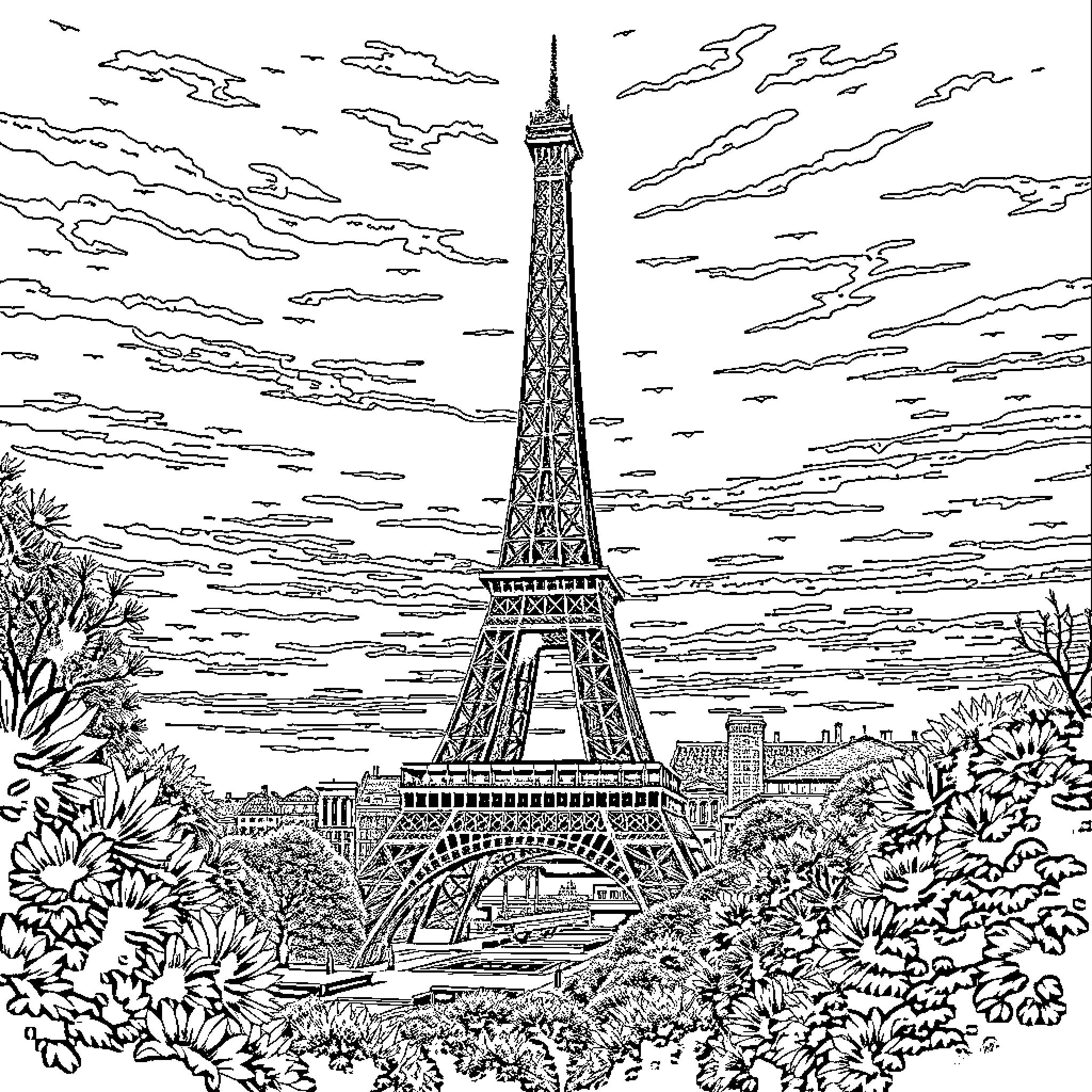 Eiffel Tower amidst lush greenery and cloudy skies Coloring Page (free black-and-white line drawing printable PDF for all, from beginners to advanced learners, including children, teens, adults, and seniors)