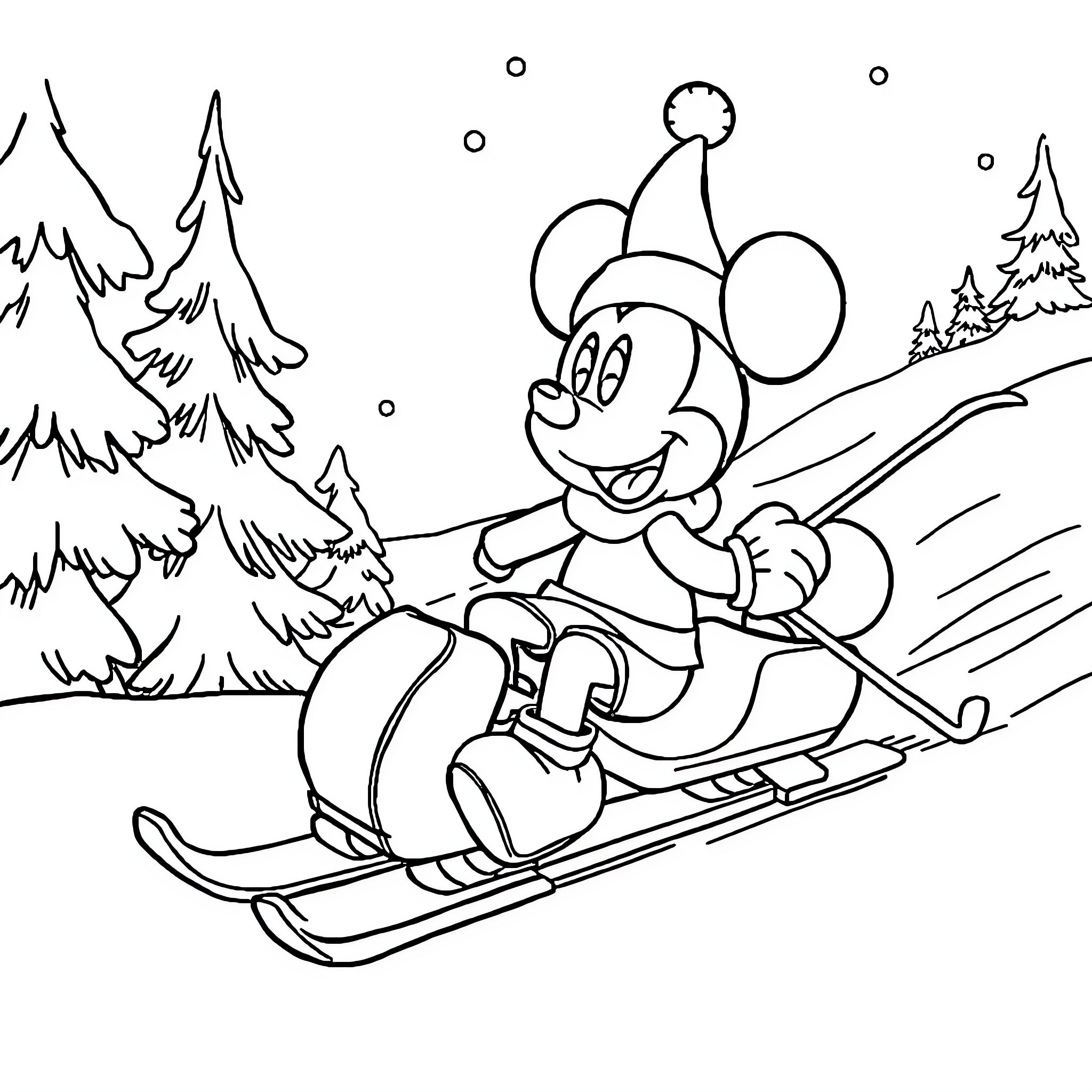 Mickey enjoying a snowy winter adventure Coloring Page (free black-and-white line drawing printable PDF for all, from beginners to advanced learners, including children, teens, adults, and seniors)