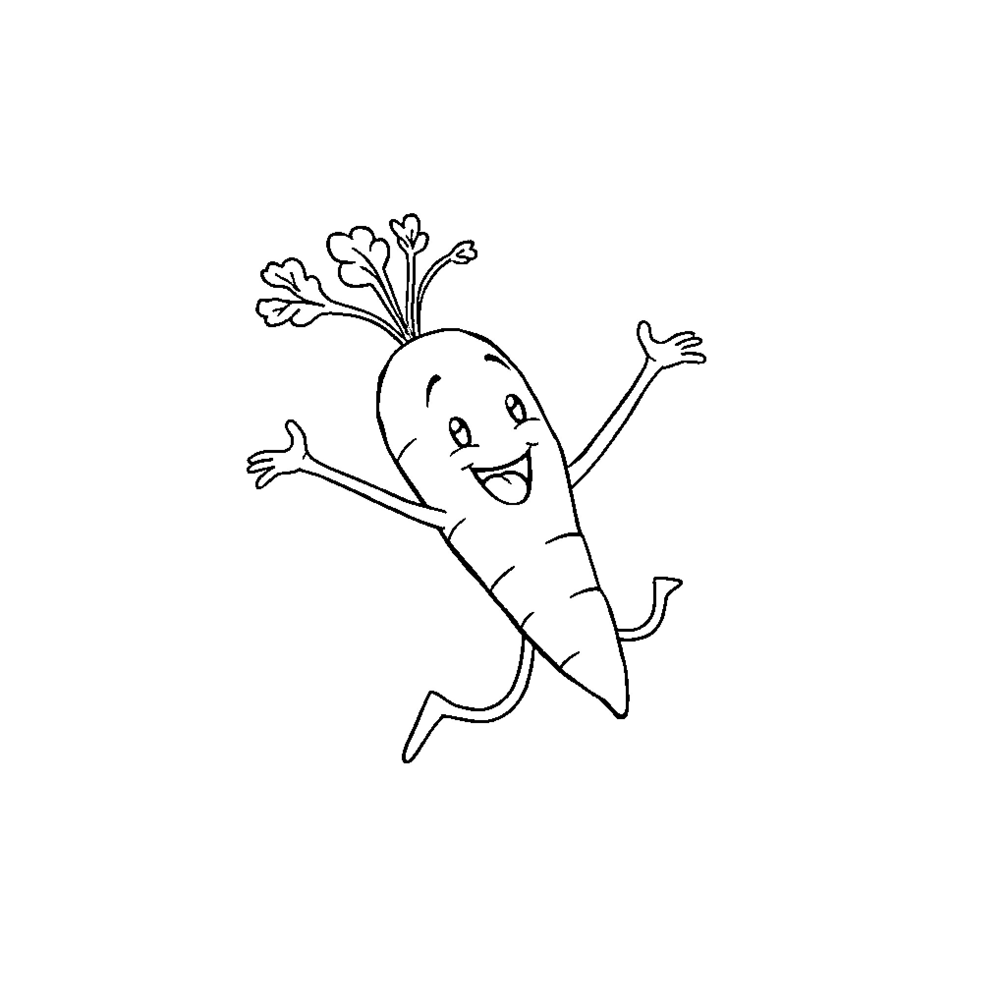 Carrot celebrating joyfully Coloring Page (free black-and-white line drawing printable PDF for all, from beginners to advanced learners, including children, teens, adults, and seniors)