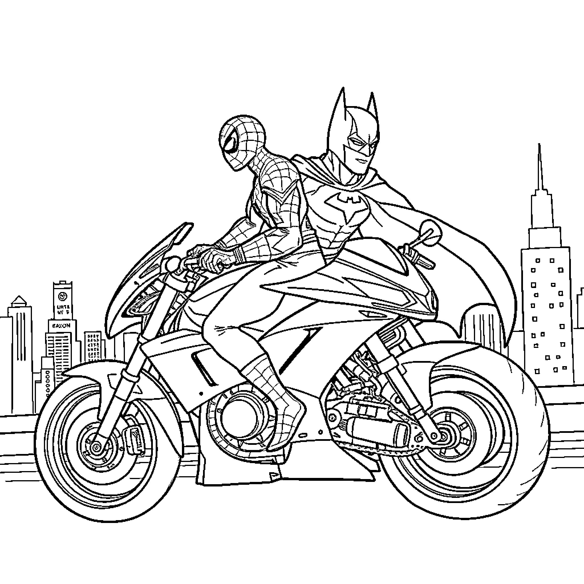 Spiderman and Batman ride motorcycles in the city Coloring Page (free black-and-white line drawing printable PDF for all, from beginners to advanced learners, including children, teens, adults, and seniors)