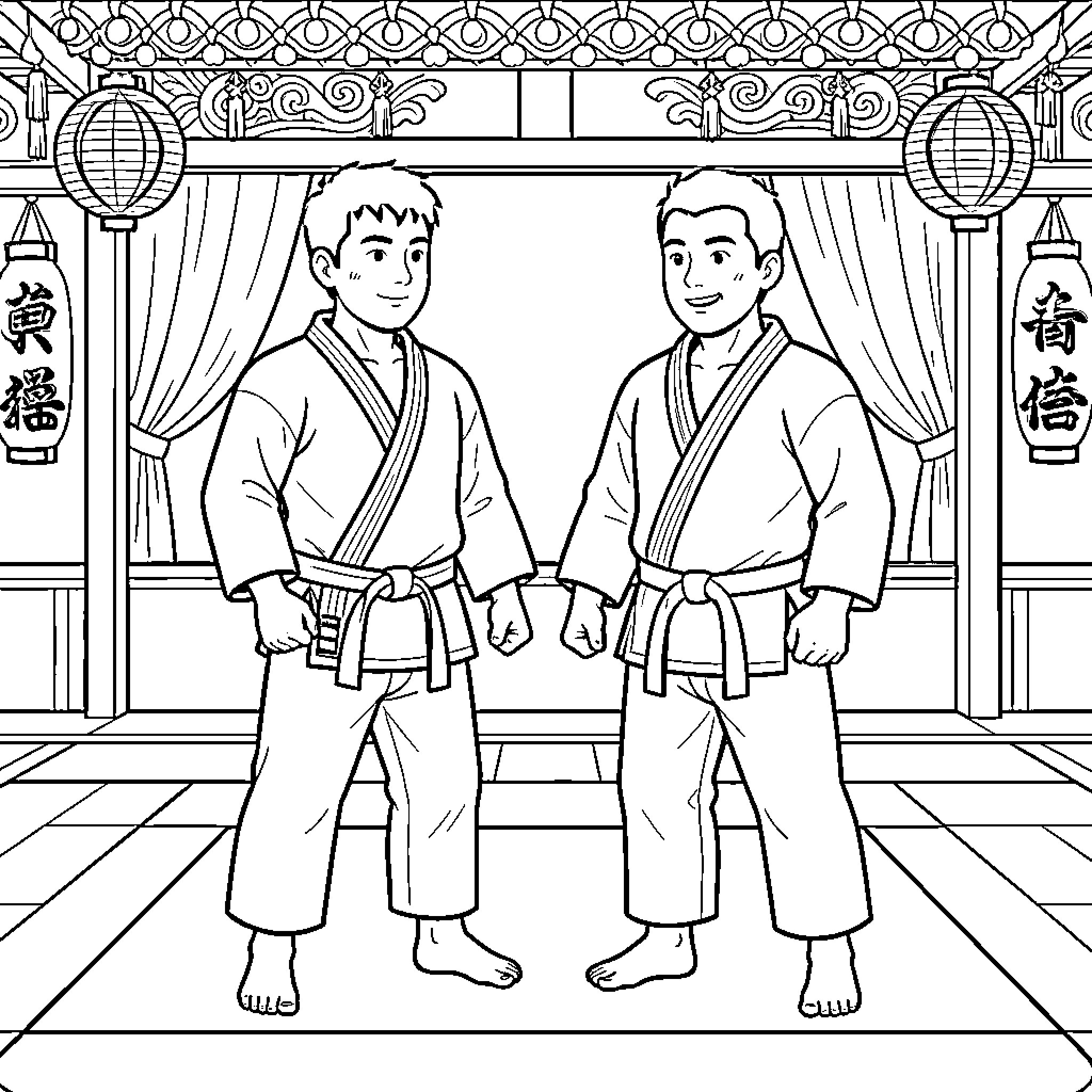 Judoka standing together in a traditional training hall Coloring Page (free black-and-white line drawing printable PDF for all, from beginners to advanced learners, including children, teens, adults, and seniors)