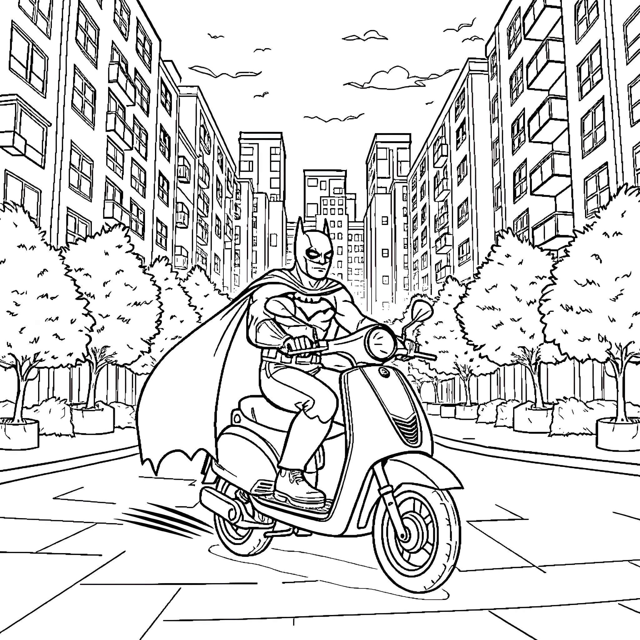 Batman Riding Scooter Through City Streets Coloring Page (free black-and-white line drawing printable PDF for all, from beginners to advanced learners, including children, teens, adults, and seniors)