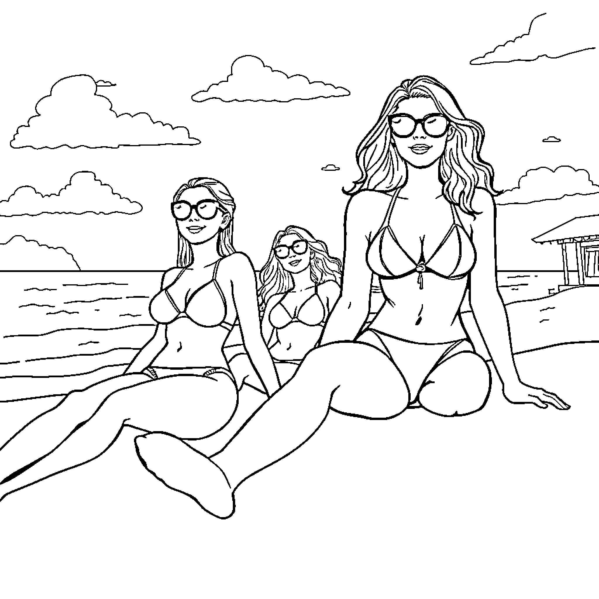 Girls enjoying a sunny day at the beach Coloring Page (free black-and-white line drawing printable PDF for all, from beginners to advanced learners, including children, teens, adults, and seniors)