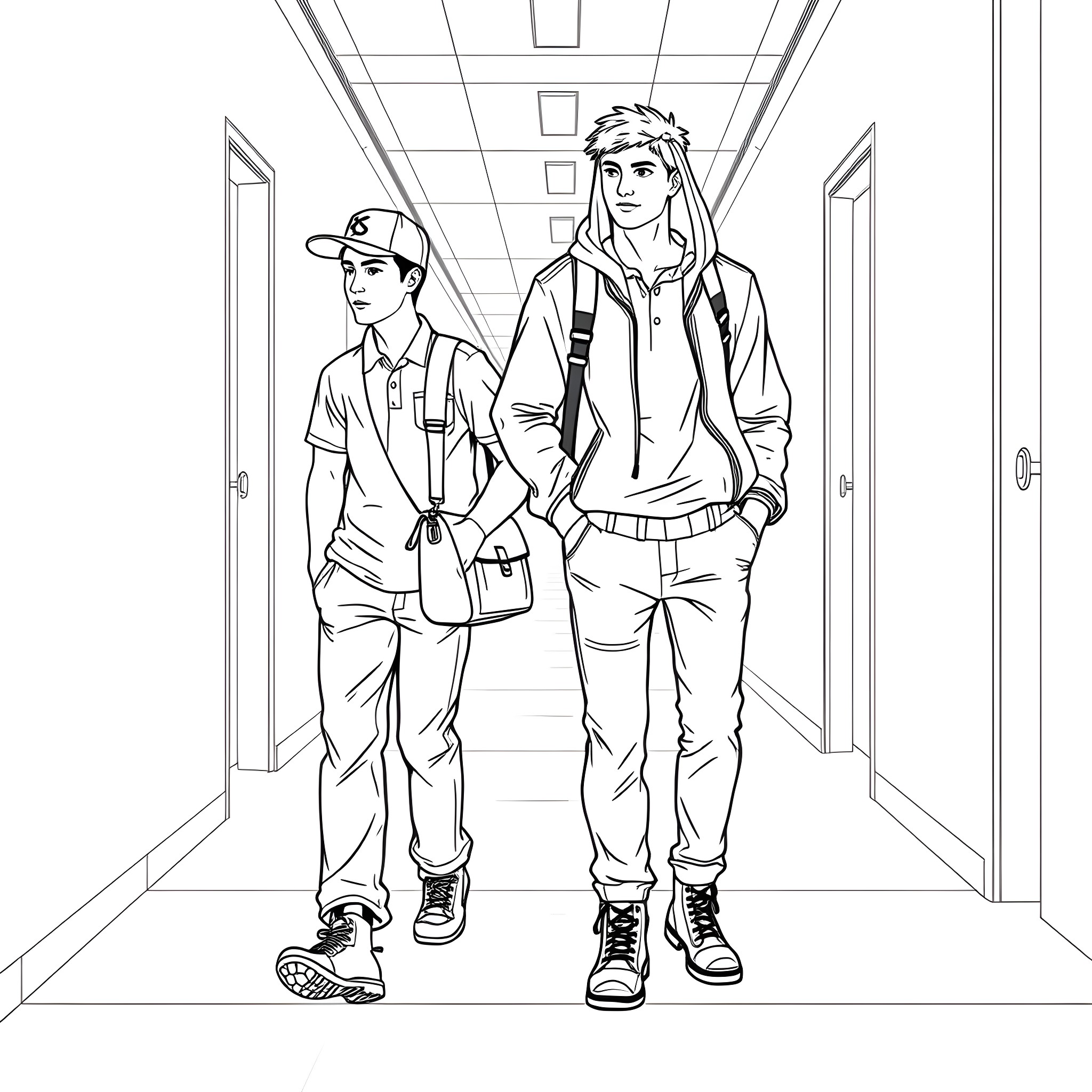 Teen boys in casual outfits walking in school hallway Coloring Page (free black-and-white line drawing printable PDF for all, from beginners to advanced learners, including children, teens, adults, and seniors)