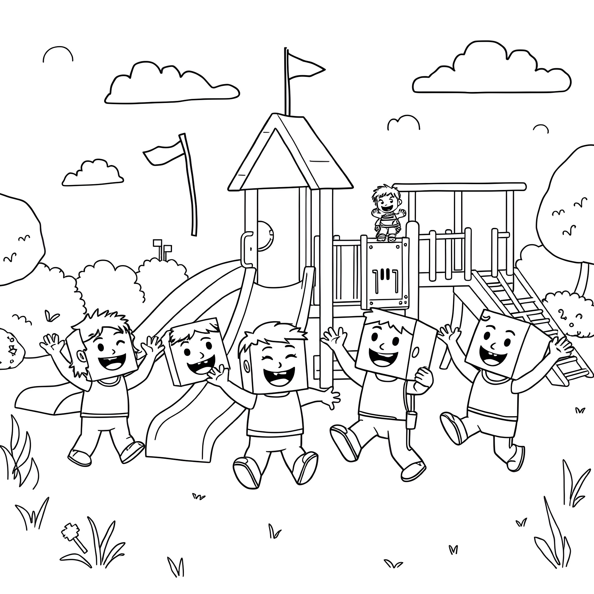 Numberblocks playing happily on the playground Coloring Page (free black-and-white line drawing printable PDF for all, from beginners to advanced learners, including children, teens, adults, and seniors)