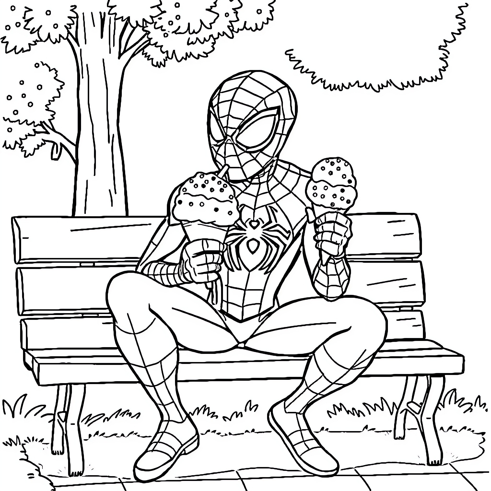 Spiderman relaxing on a park bench Coloring Page (free black-and-white line drawing printable PDF for all, from beginners to advanced learners, including children, teens, adults, and seniors)