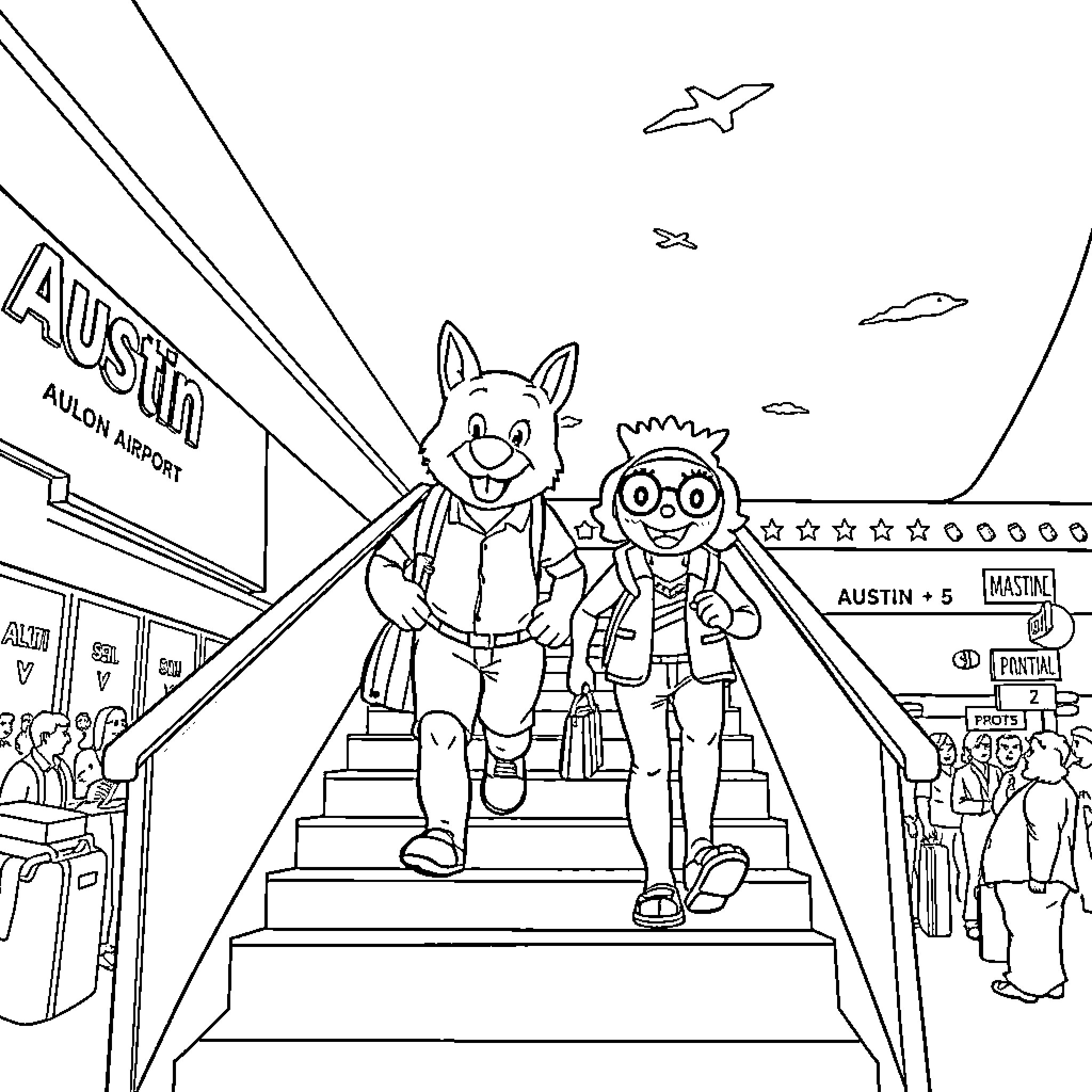 Bluey and Bingo explore the airport Coloring Page (free black-and-white line drawing printable PDF for all, from beginners to advanced learners, including children, teens, adults, and seniors)