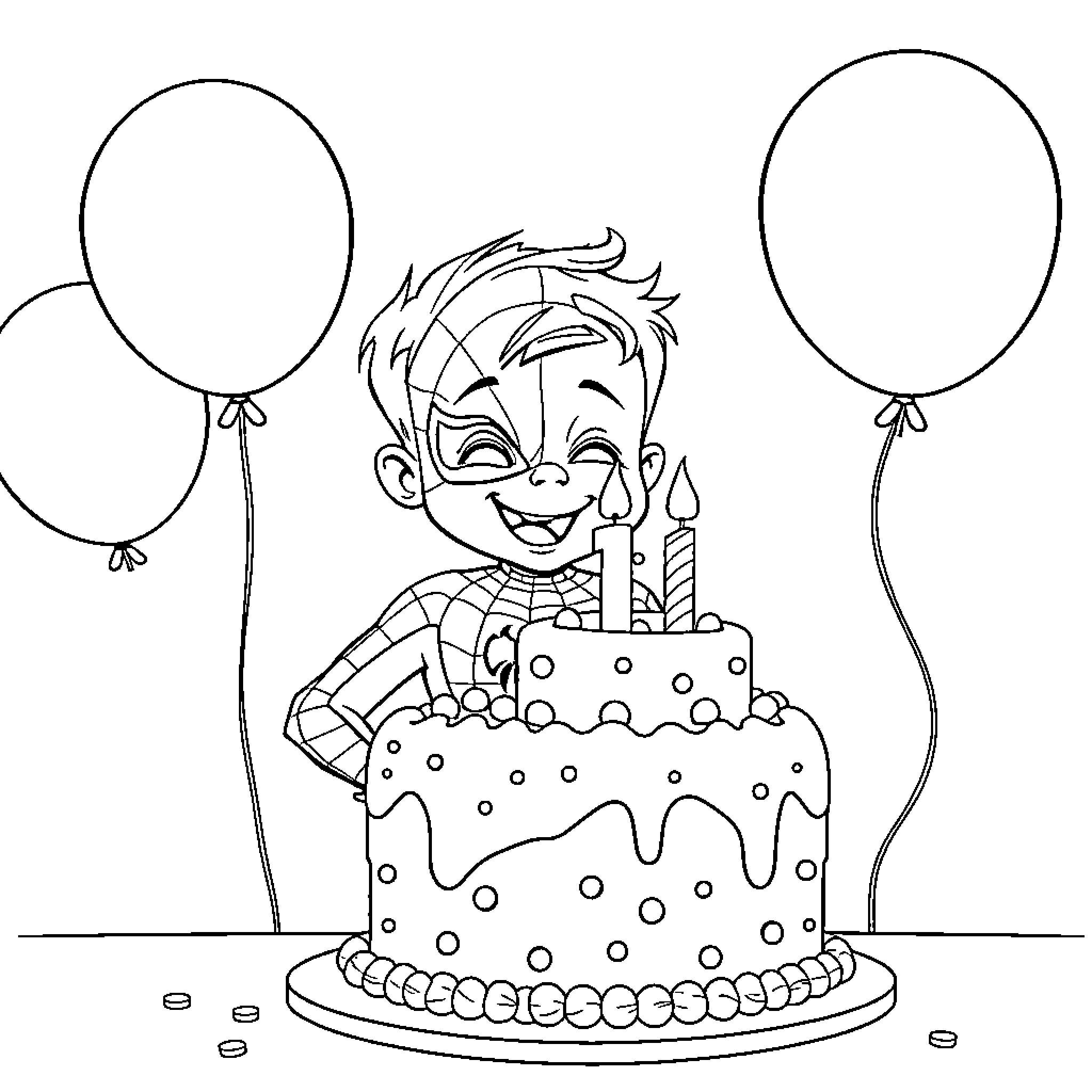 Spiderman Celebrating Birthday with Cake and Balloons Coloring Page (free black-and-white line drawing printable PDF for all, from beginners to advanced learners, including children, teens, adults, and seniors)