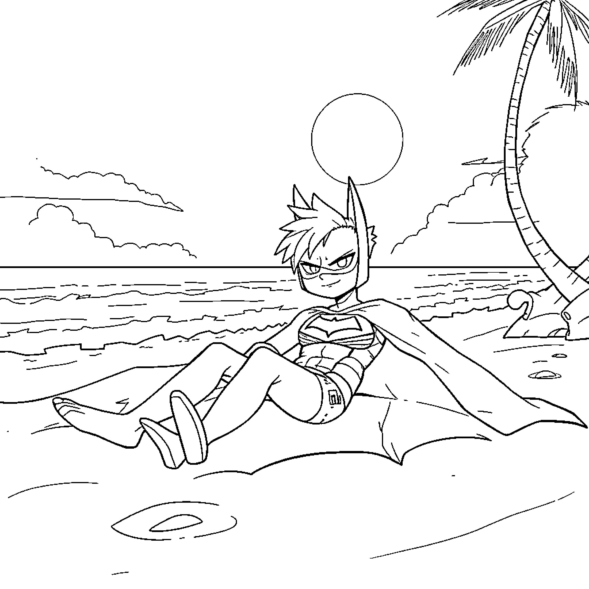 Natsu resting on the beach during sunset Coloring Page (free black-and-white line drawing printable PDF for all, from beginners to advanced learners, including children, teens, adults, and seniors)