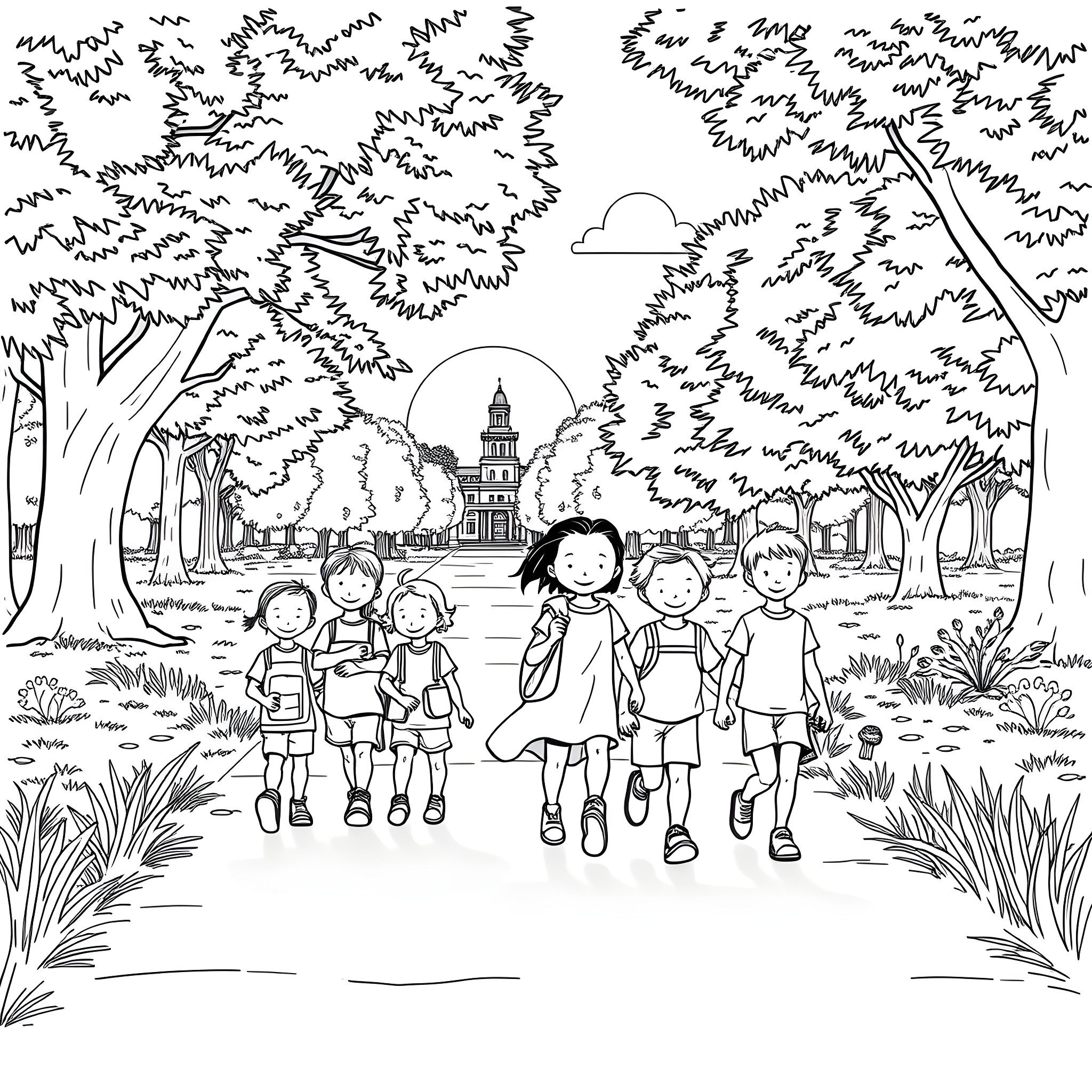 Child walking with friends in a park Coloring Page (free black-and-white line drawing printable PDF for all, from beginners to advanced learners, including children, teens, adults, and seniors)