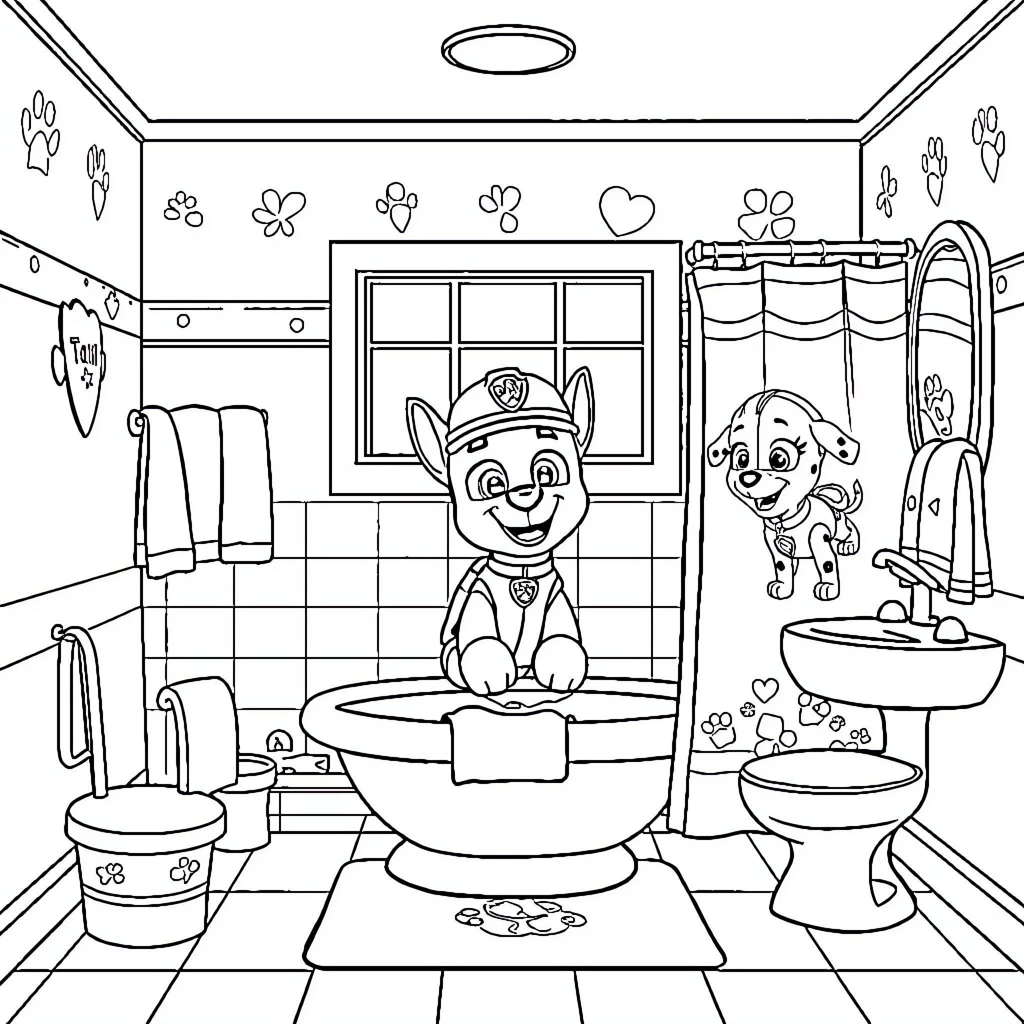 Paw Patrol characters in bathroom setting Coloring Page (free black-and-white line drawing printable PDF for all, from beginners to advanced learners, including children, teens, adults, and seniors)