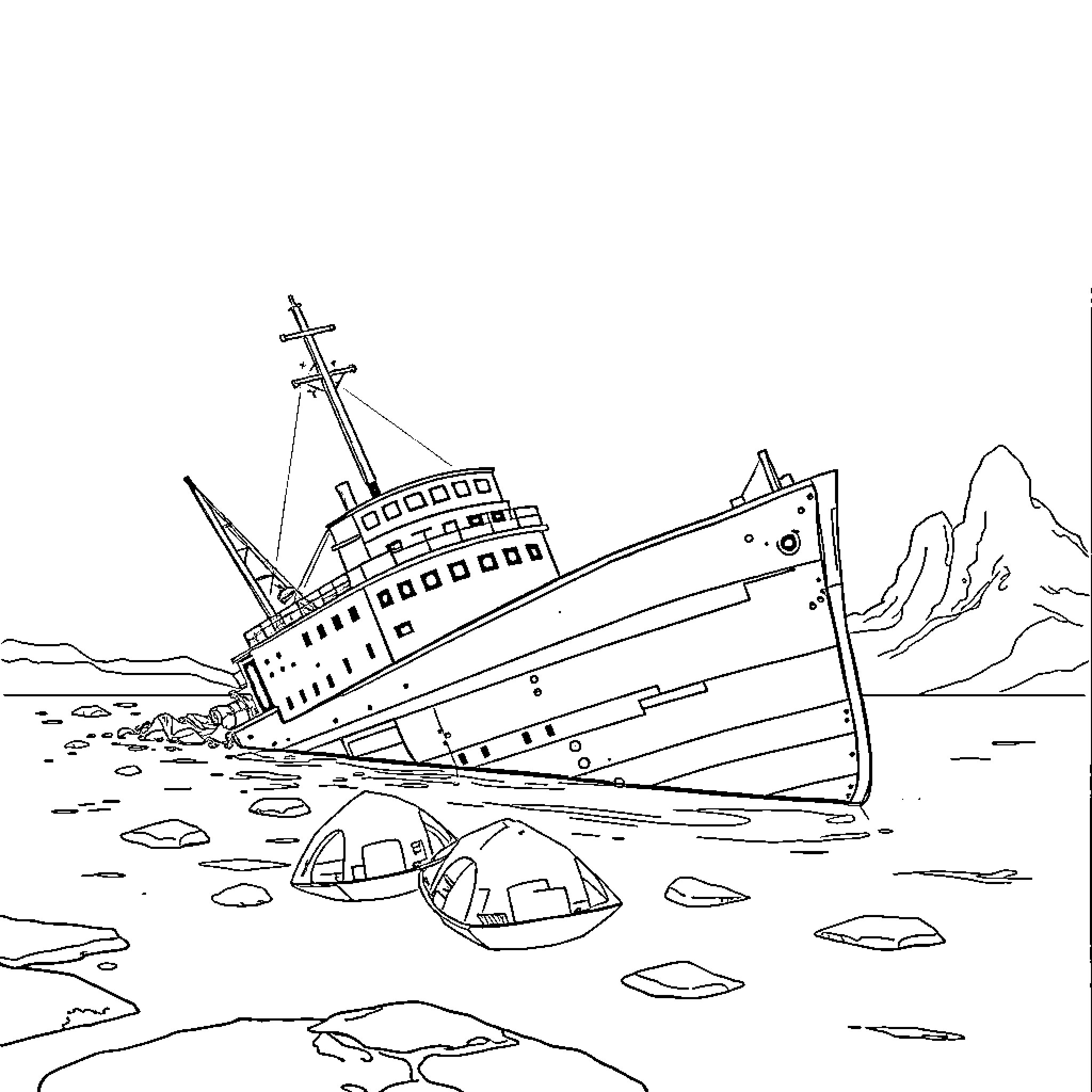 Ship Stranded on Rocks in Stormy Seas Coloring Page (free black-and-white line drawing printable PDF for all, from beginners to advanced learners, including children, teens, adults, and seniors)
