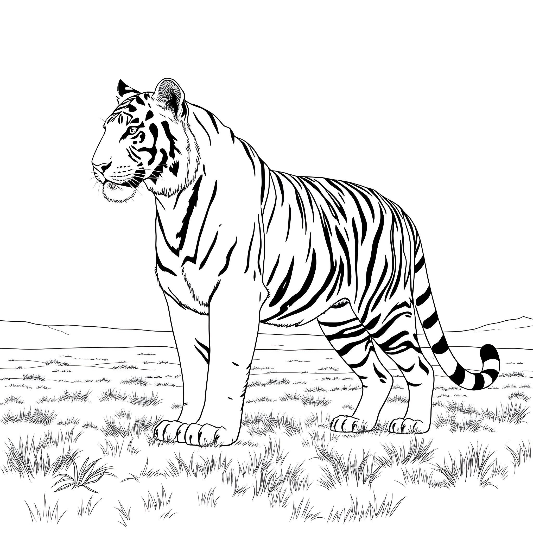 Tiger Prowling the Grasslands Coloring Page (free black-and-white line drawing printable PDF for all, from beginners to advanced learners, including children, teens, adults, and seniors)