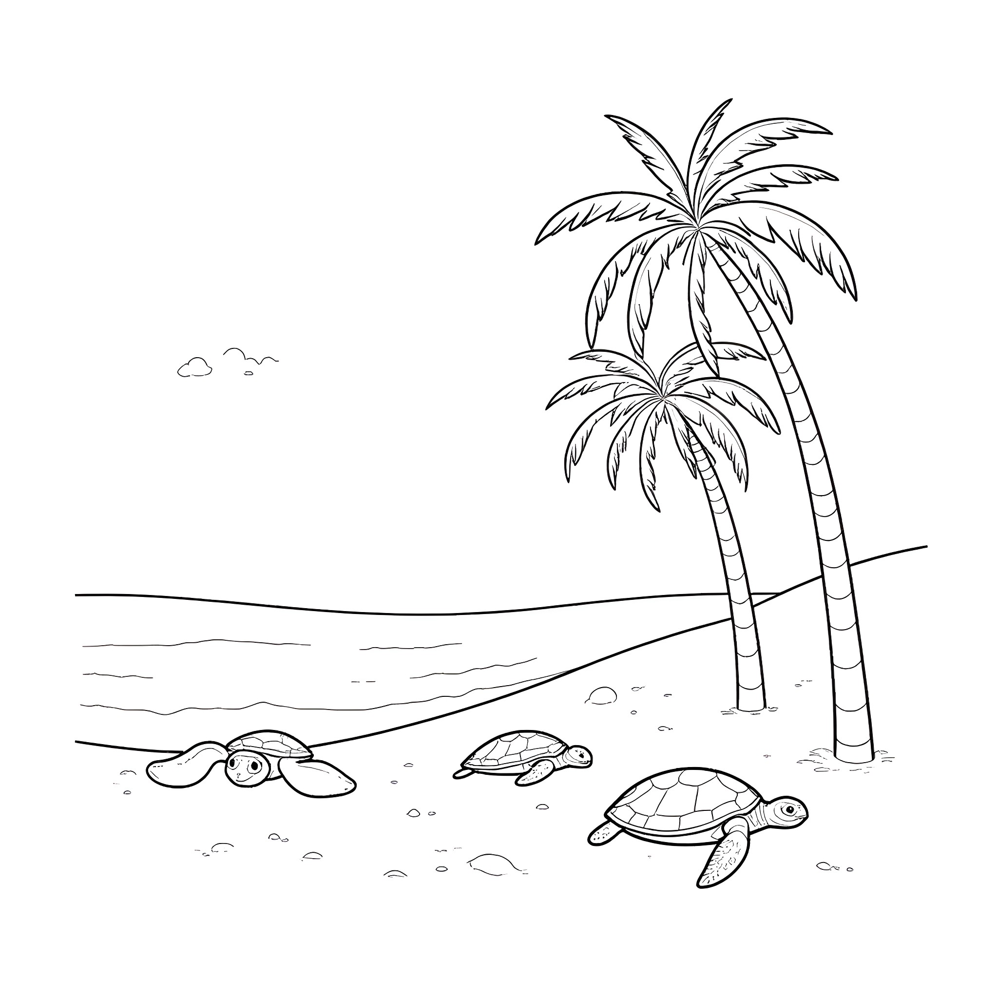 Turtles swimming in the ocean near palm trees Coloring Page (free black-and-white line drawing printable PDF for all, from beginners to advanced learners, including children, teens, adults, and seniors)