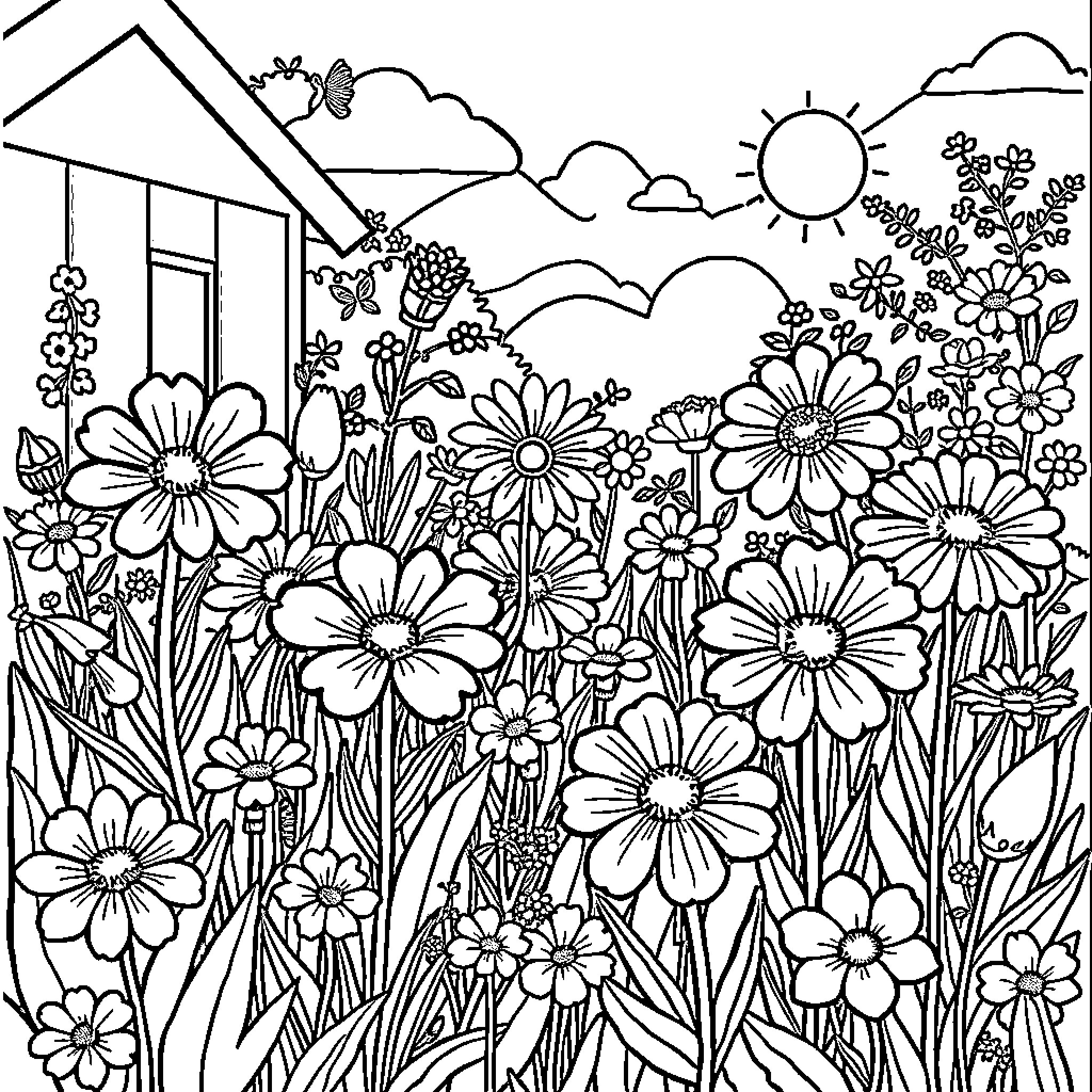 Flower Garden Scene with Whimsical Cottage Coloring Page (free black-and-white line drawing printable PDF for all, from beginners to advanced learners, including children, teens, adults, and seniors)