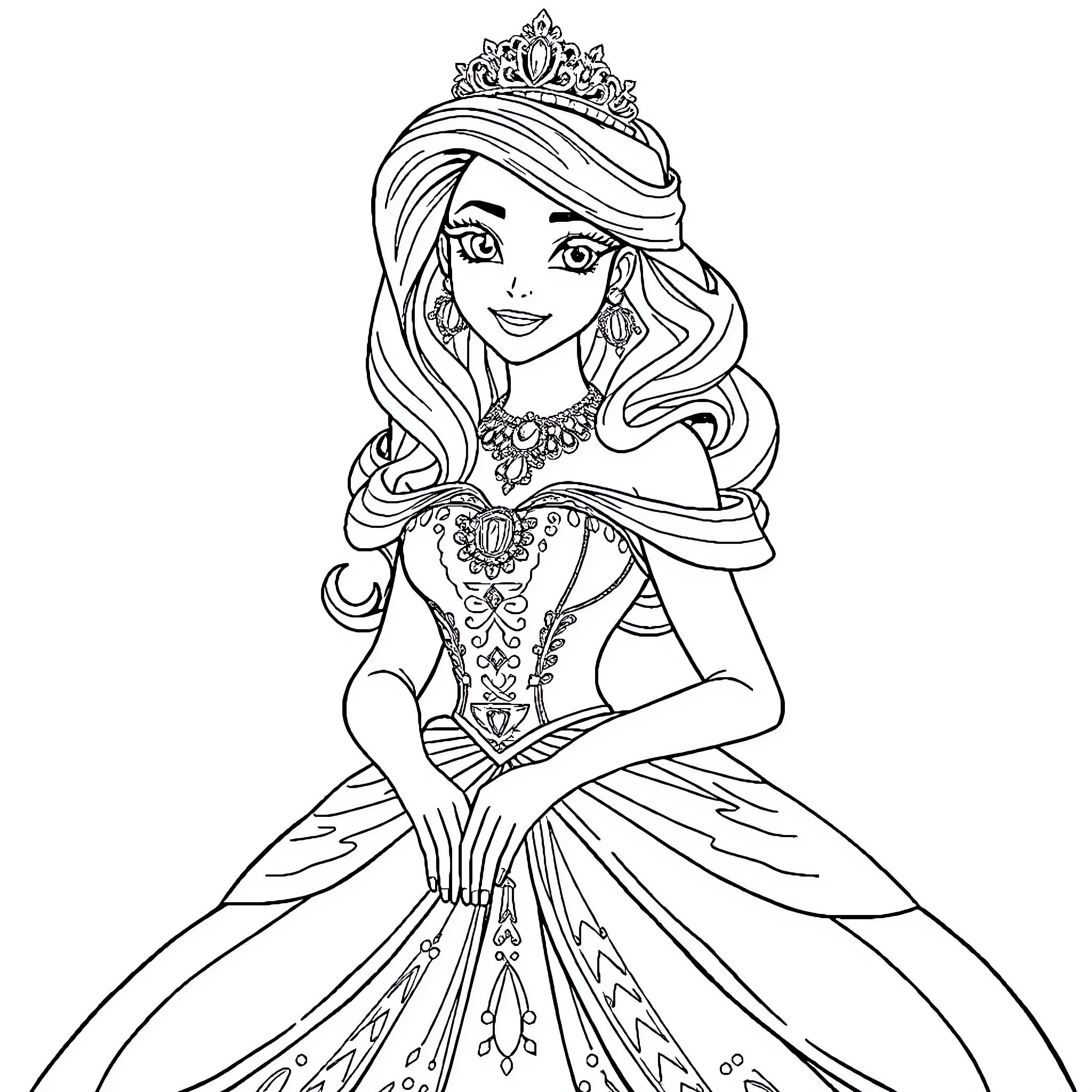 Princess in Elegant Ball Gown Coloring Page (free black-and-white line drawing printable PDF for all, from beginners to advanced learners, including children, teens, adults, and seniors)