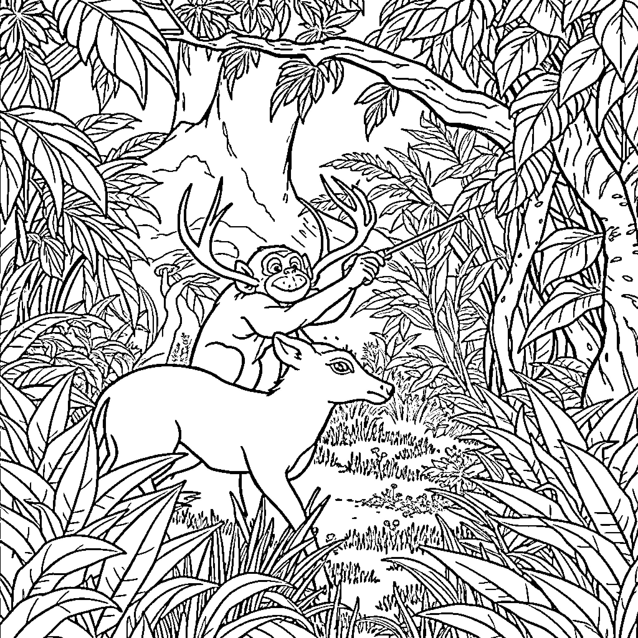 Monkey playing with deer in the jungle Coloring Page (free black-and-white line drawing printable PDF for all, from beginners to advanced learners, including children, teens, adults, and seniors)