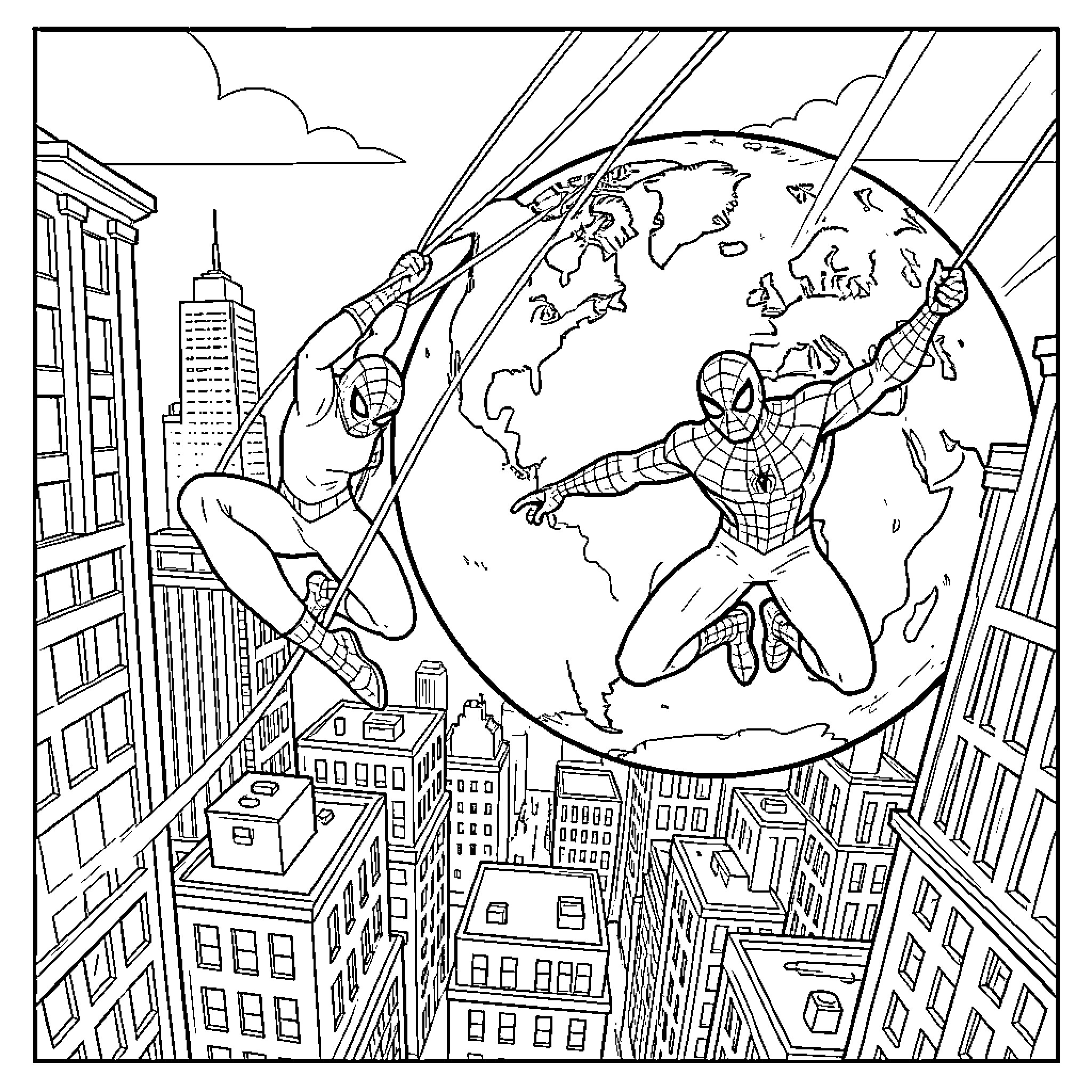 Spider-Man swinging through the city and protecting the world Coloring Page (free black-and-white line drawing printable PDF for all, from beginners to advanced learners, including children, teens, adults, and seniors)