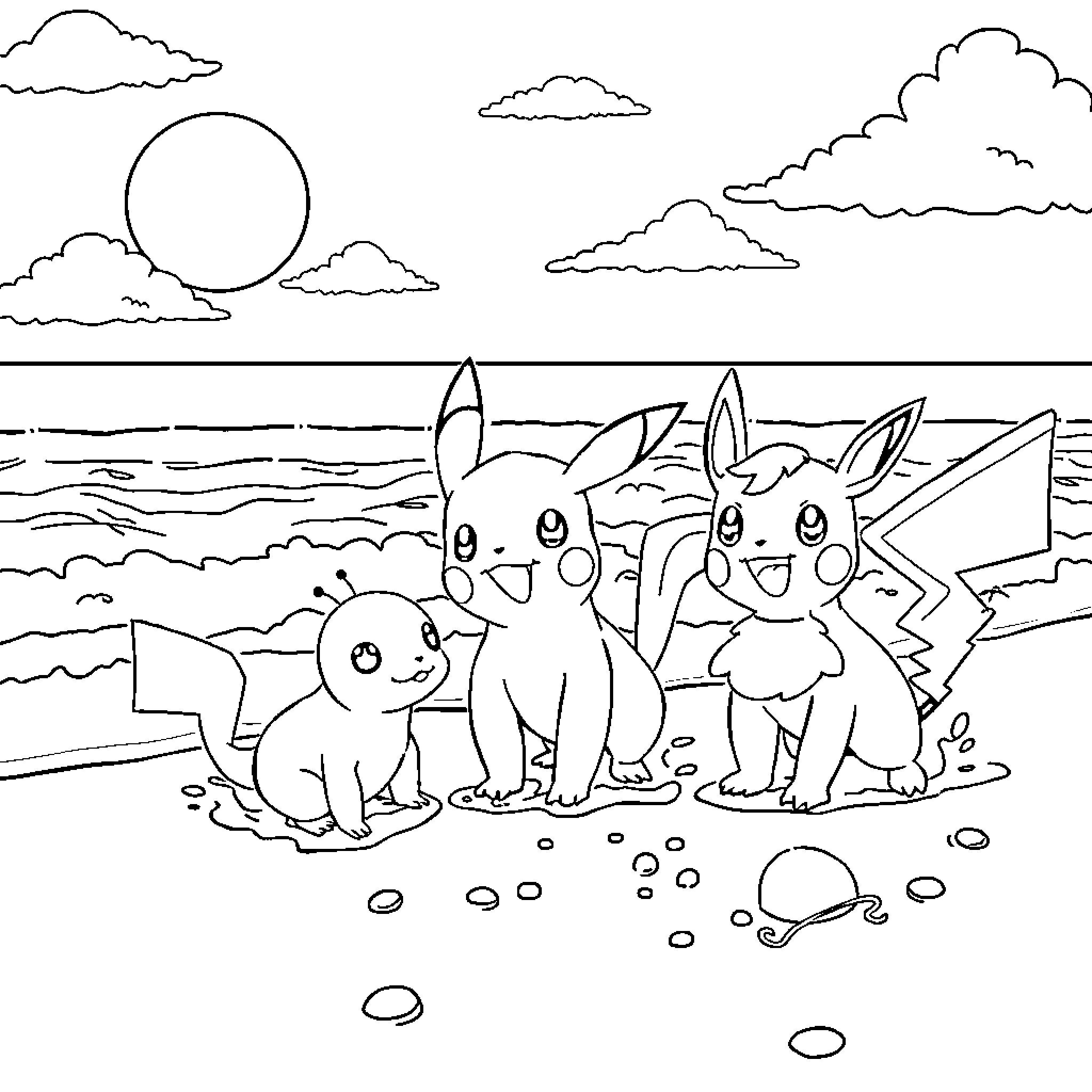 Pokémon playing happily on the beach Coloring Page (free black-and-white line drawing printable PDF for all, from beginners to advanced learners, including children, teens, adults, and seniors)