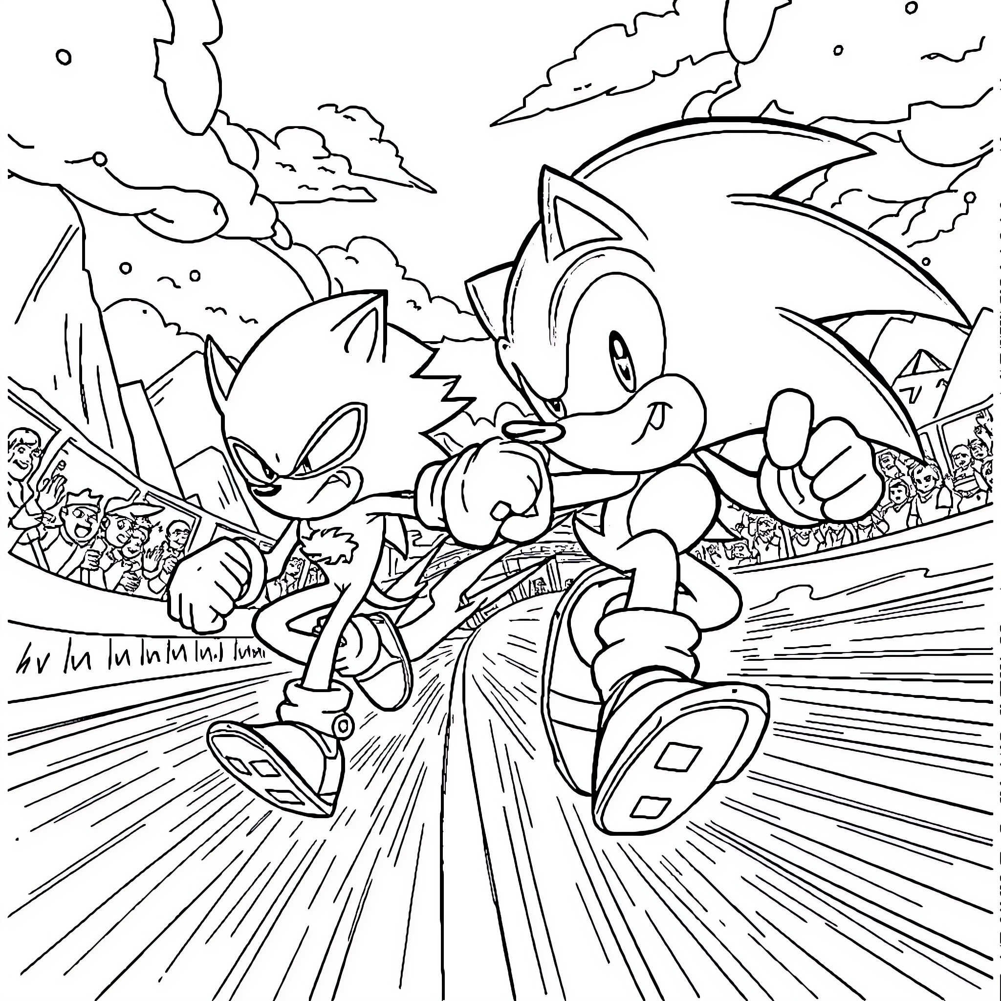 Sonic Racing Through an Adventurous Landscape Coloring Page (free black-and-white line drawing printable PDF for all, from beginners to advanced learners, including children, teens, adults, and seniors)