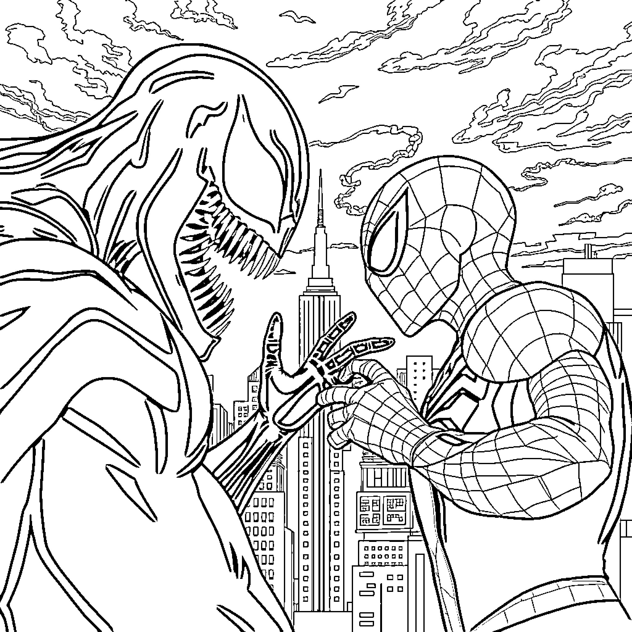 Spider-Man facing a formidable foe in the city Coloring Page (free black-and-white line drawing printable PDF for all, from beginners to advanced learners, including children, teens, adults, and seniors)