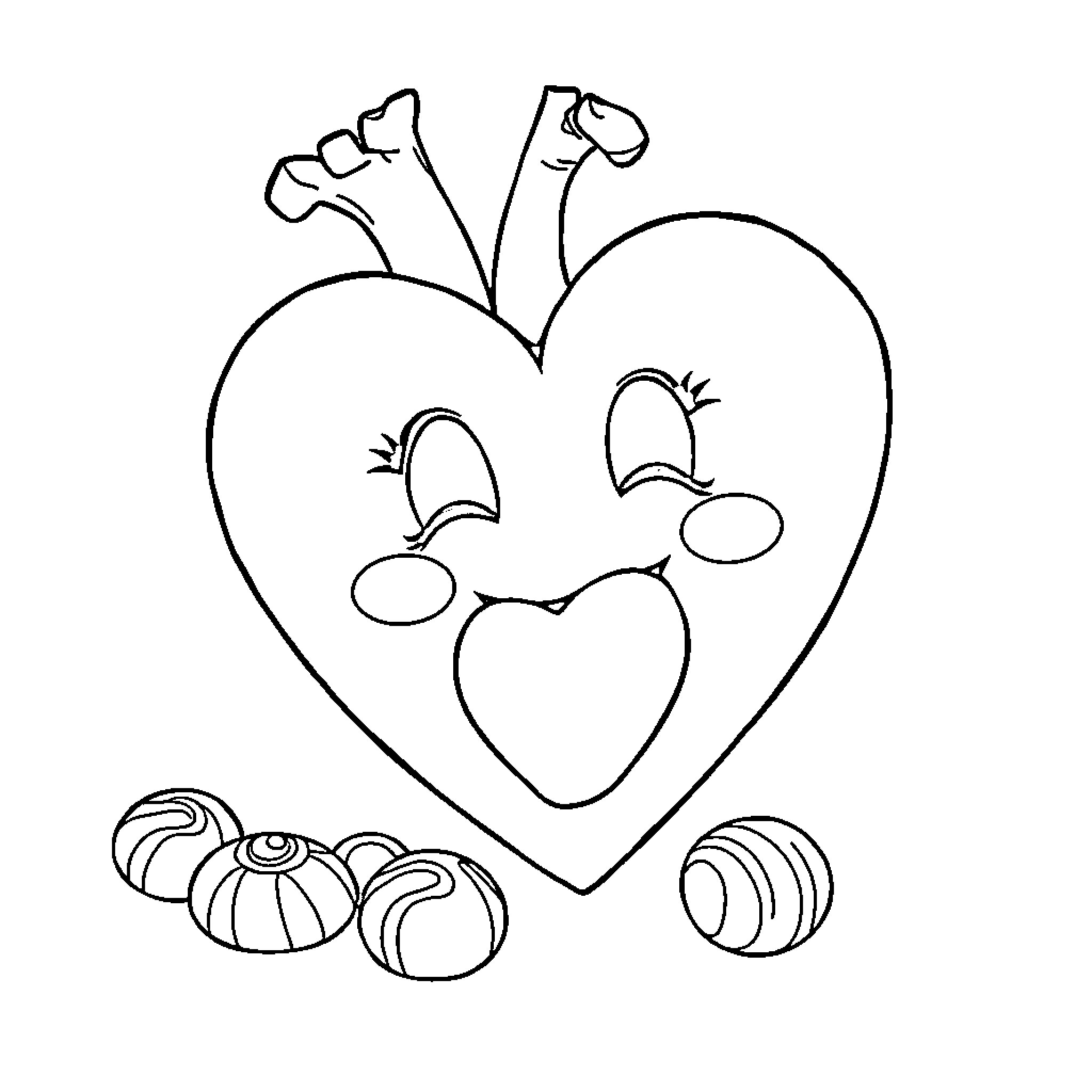 Heart-shaped cartoon character with candies Coloring Page (free black-and-white line drawing printable PDF for all, from beginners to advanced learners, including children, teens, adults, and seniors)