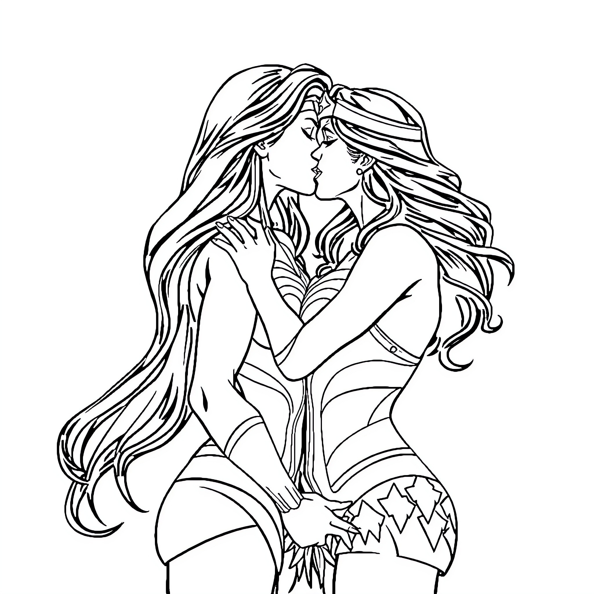 Wonder Woman in Passionate Embrace Coloring Page (free black-and-white line drawing printable PDF for all, from beginners to advanced learners, including children, teens, adults, and seniors)
