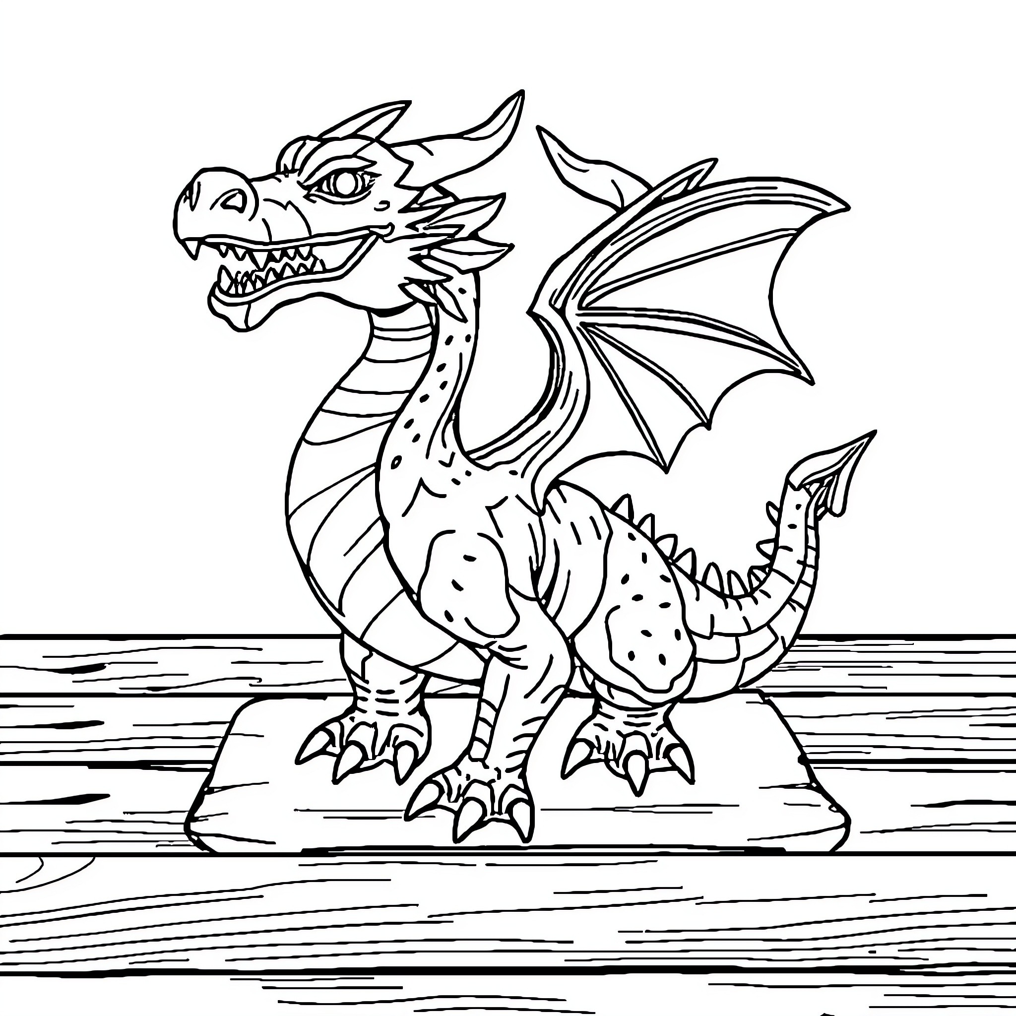 Dragon on a rock by the water Coloring Page (free black-and-white line drawing printable PDF for all, from beginners to advanced learners, including children, teens, adults, and seniors)